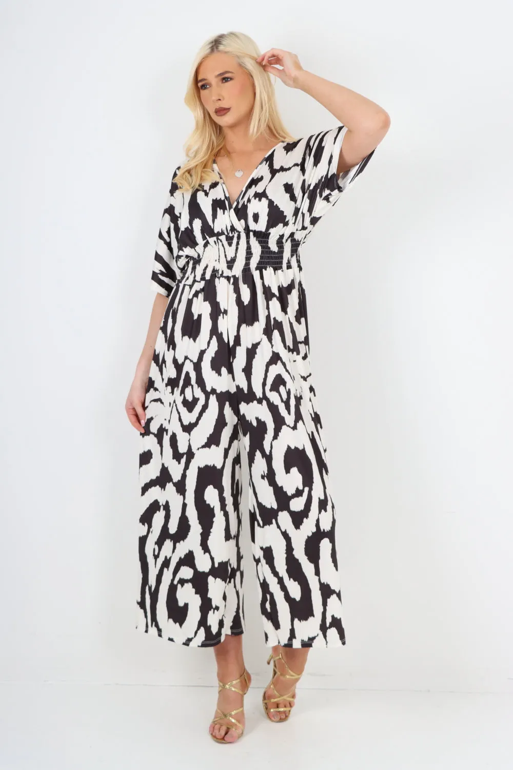 italian shirred elasticated waist animal print short sleeve jumpsuit
