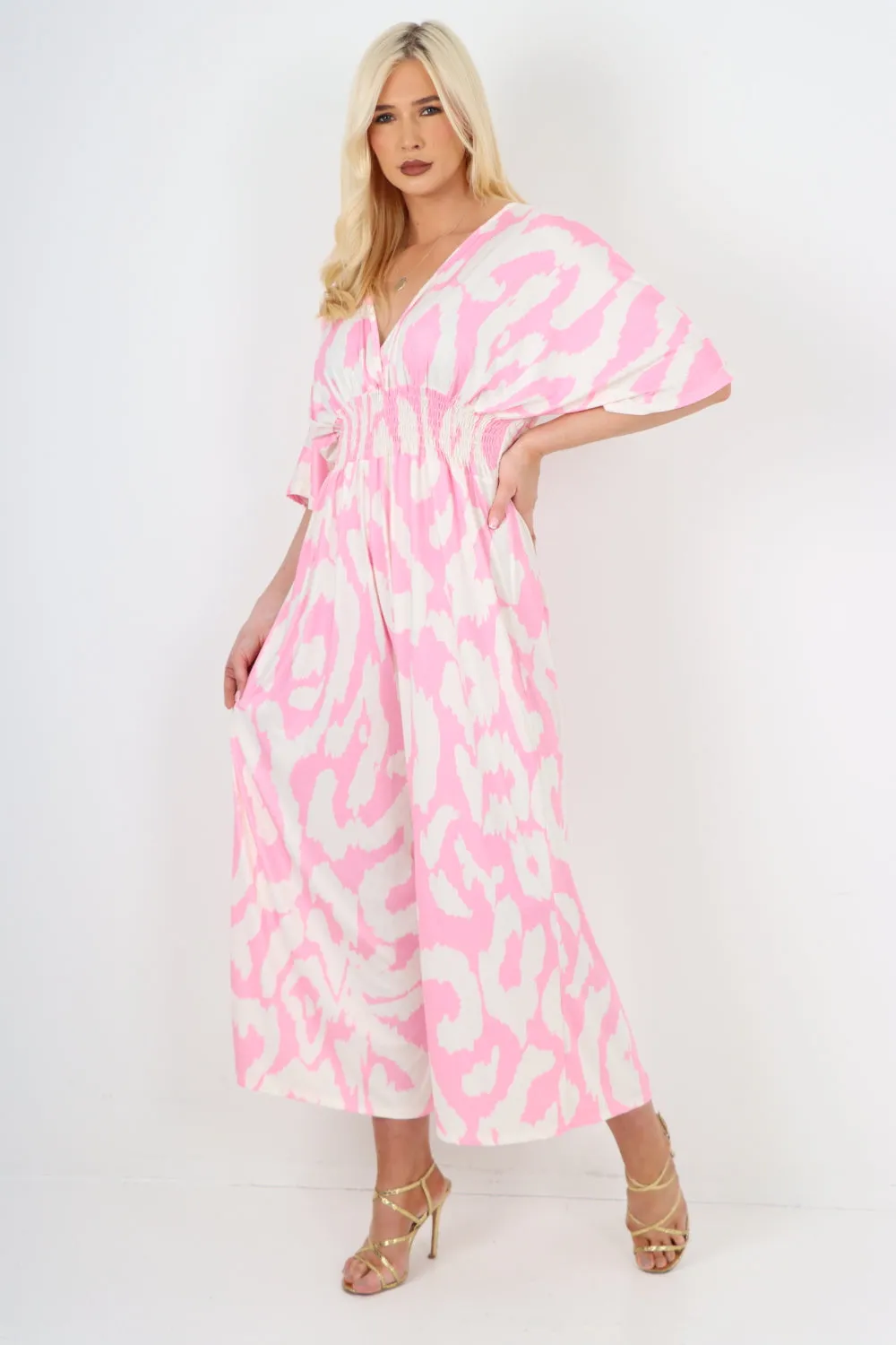 italian shirred elasticated waist animal print short sleeve jumpsuit