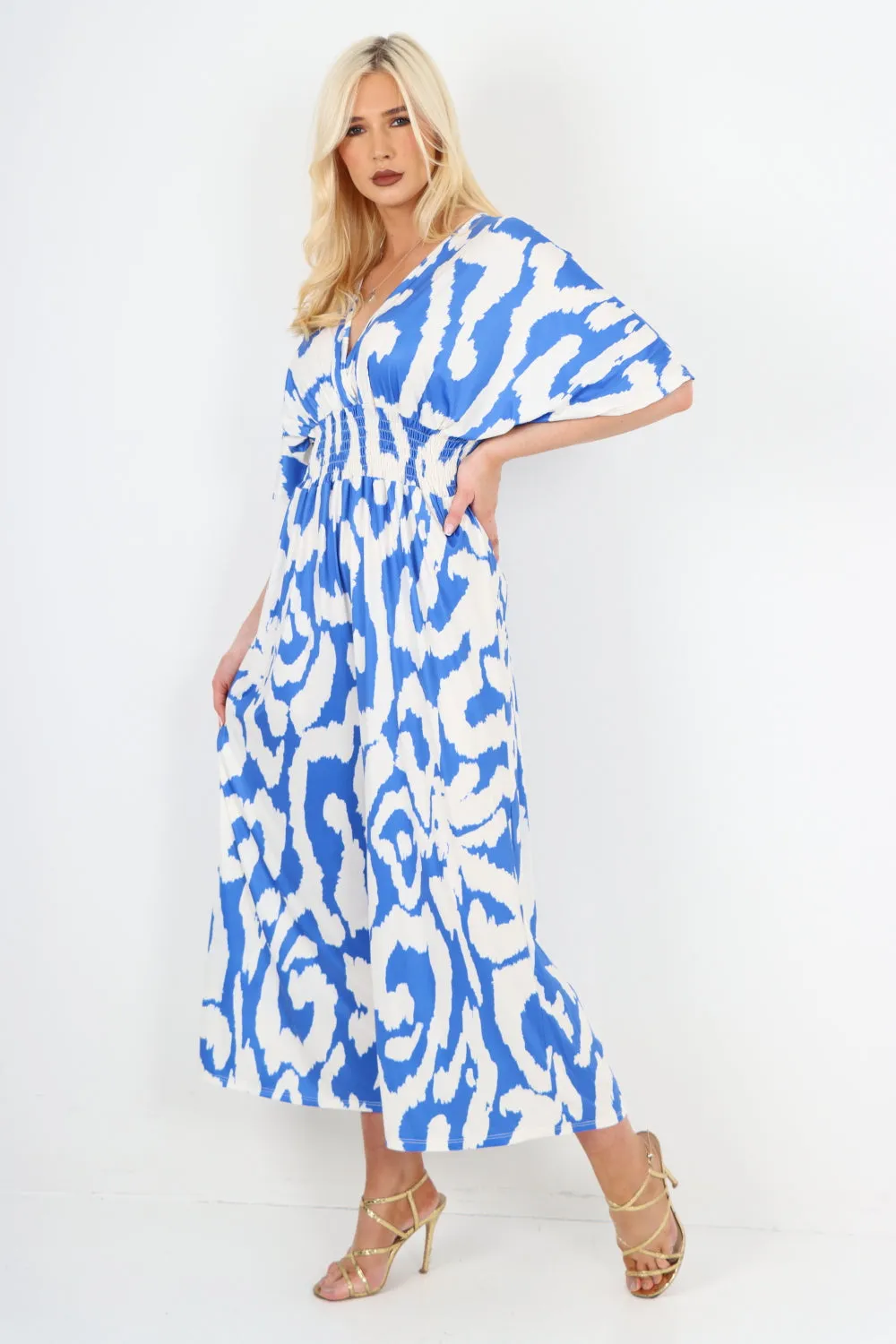 italian shirred elasticated waist animal print short sleeve jumpsuit