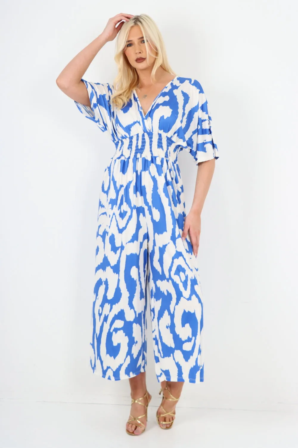 italian shirred elasticated waist animal print short sleeve jumpsuit