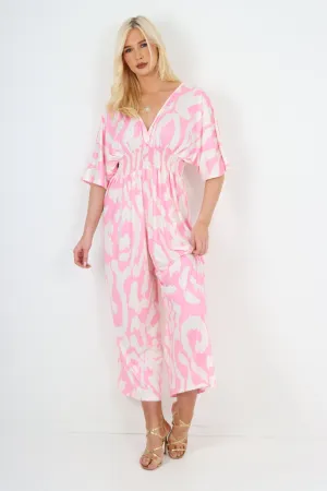 italian shirred elasticated waist animal print short sleeve jumpsuit