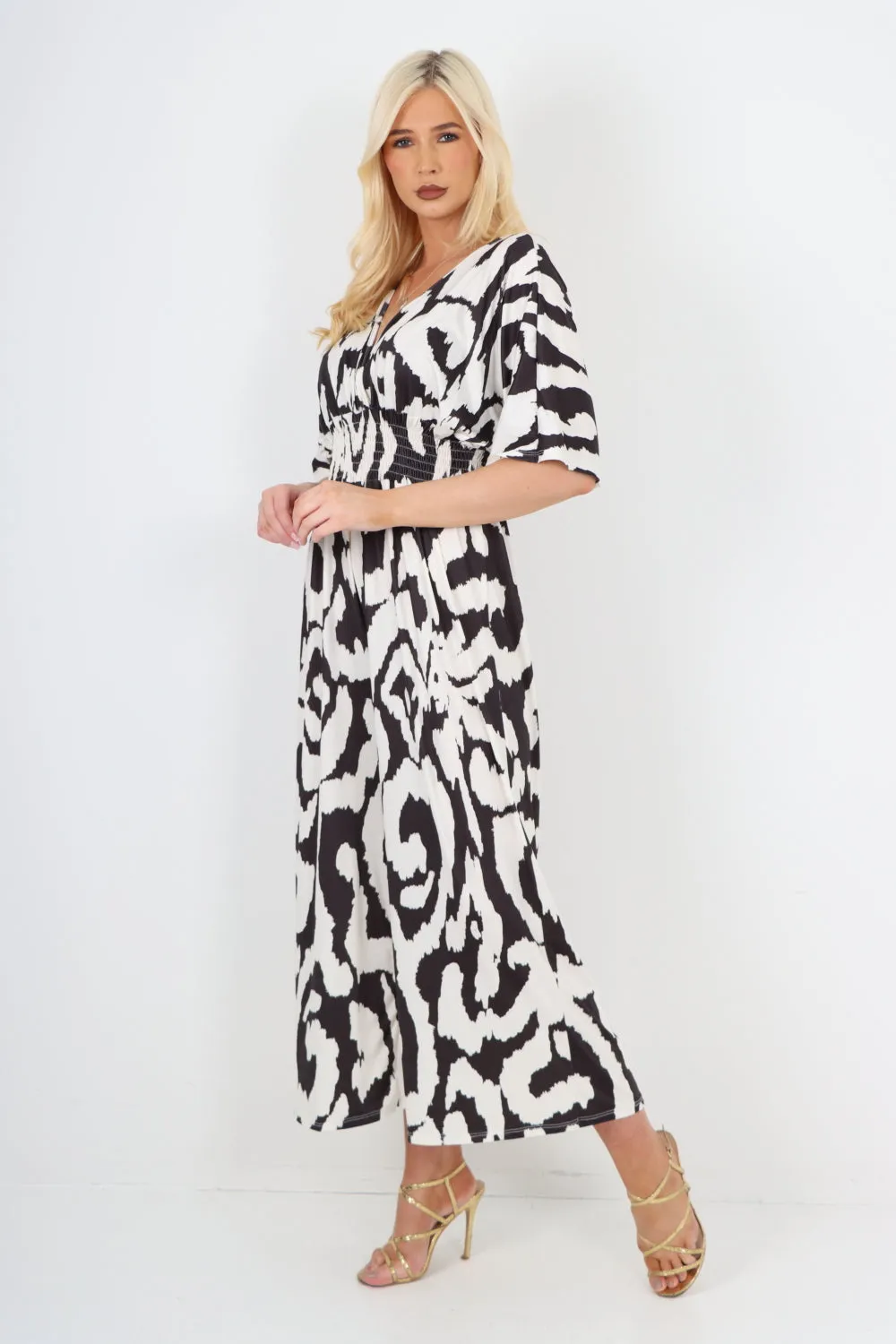 italian shirred elasticated waist animal print short sleeve jumpsuit