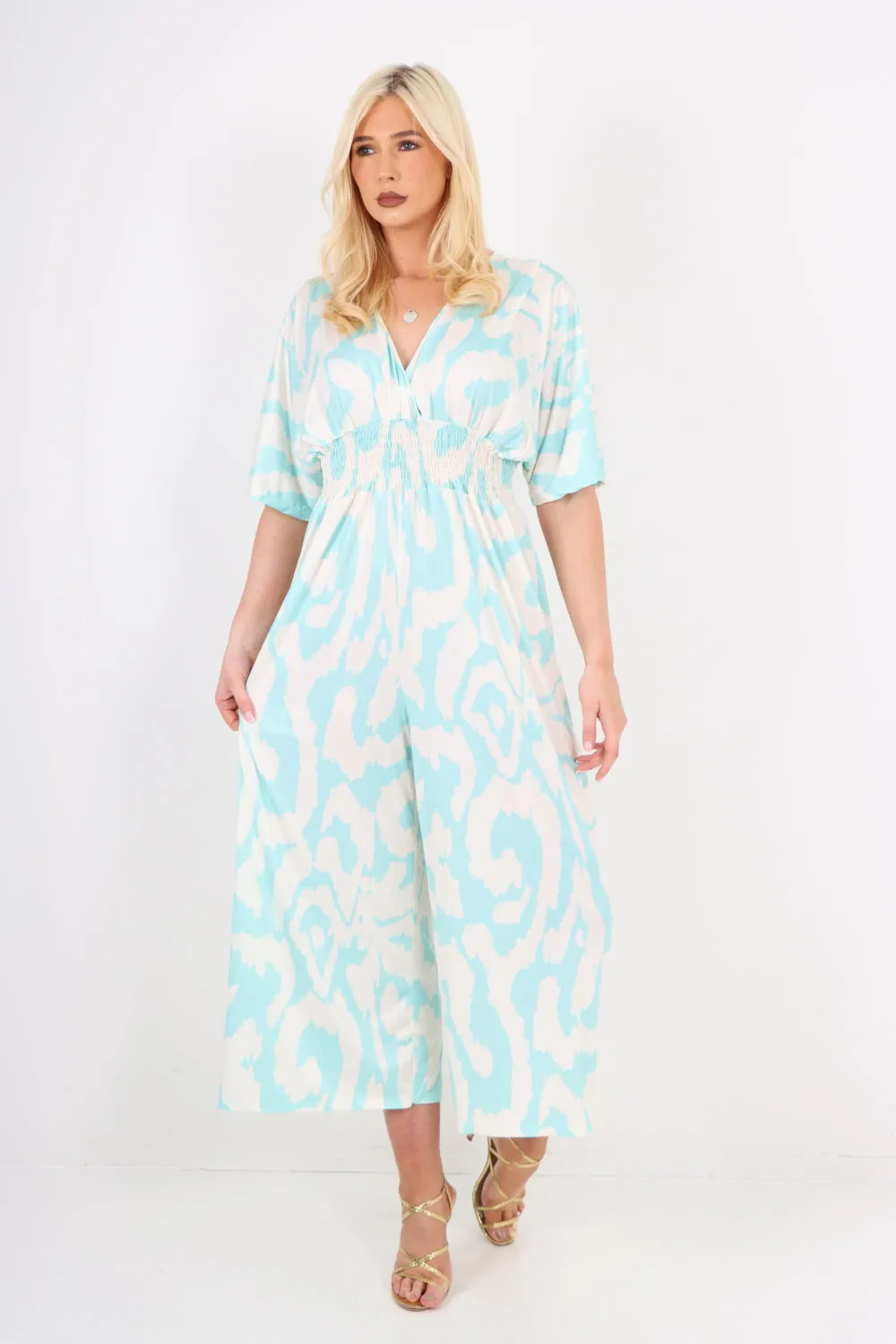 italian shirred elasticated waist animal print short sleeve jumpsuit