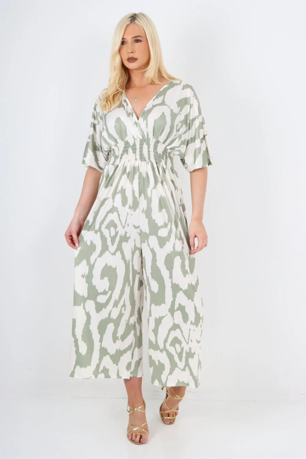 italian shirred elasticated waist animal print short sleeve jumpsuit