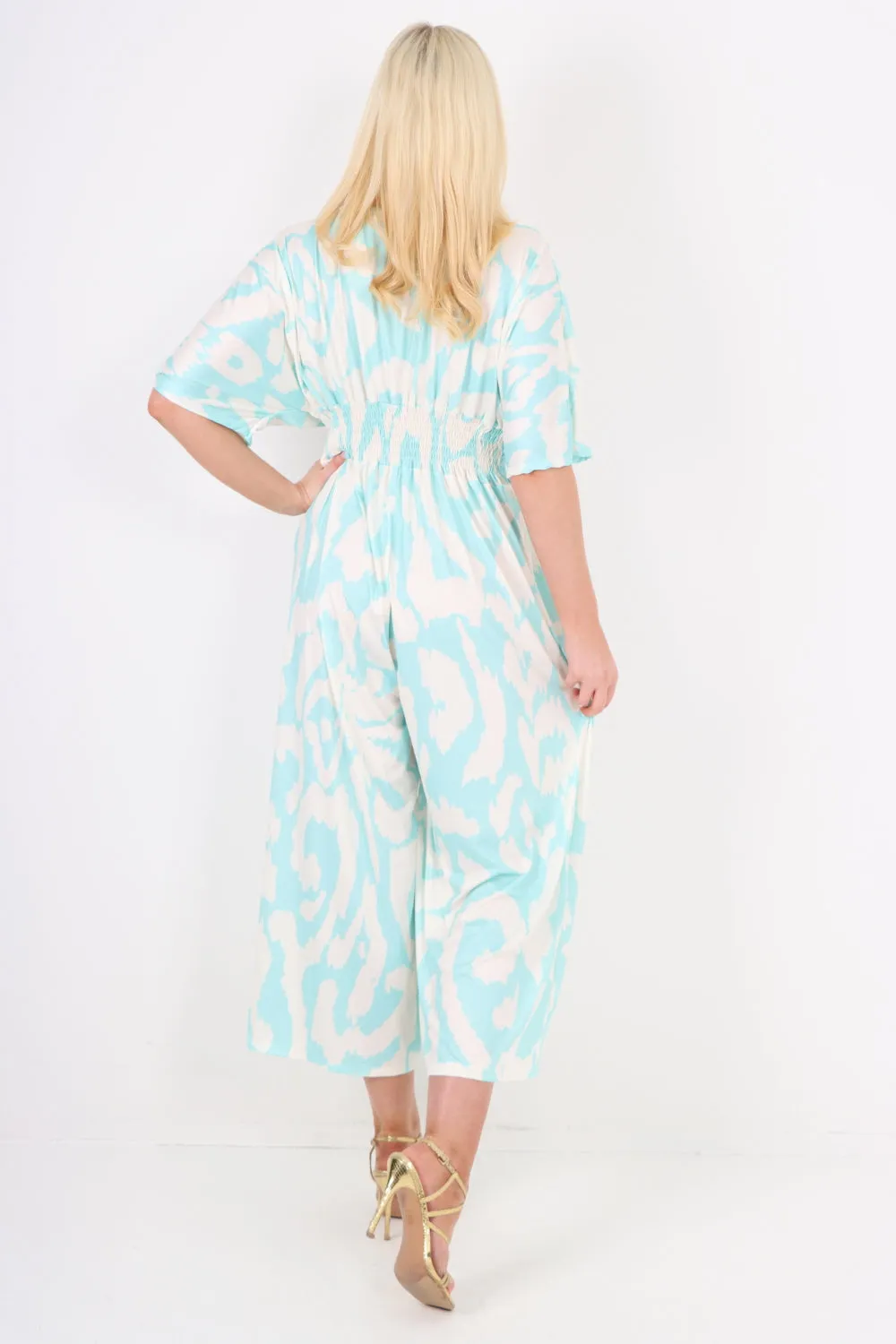 italian shirred elasticated waist animal print short sleeve jumpsuit