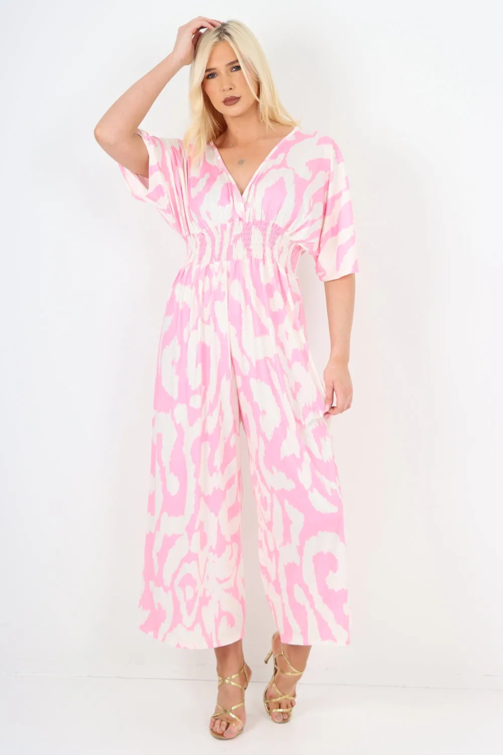 italian shirred elasticated waist animal print short sleeve jumpsuit