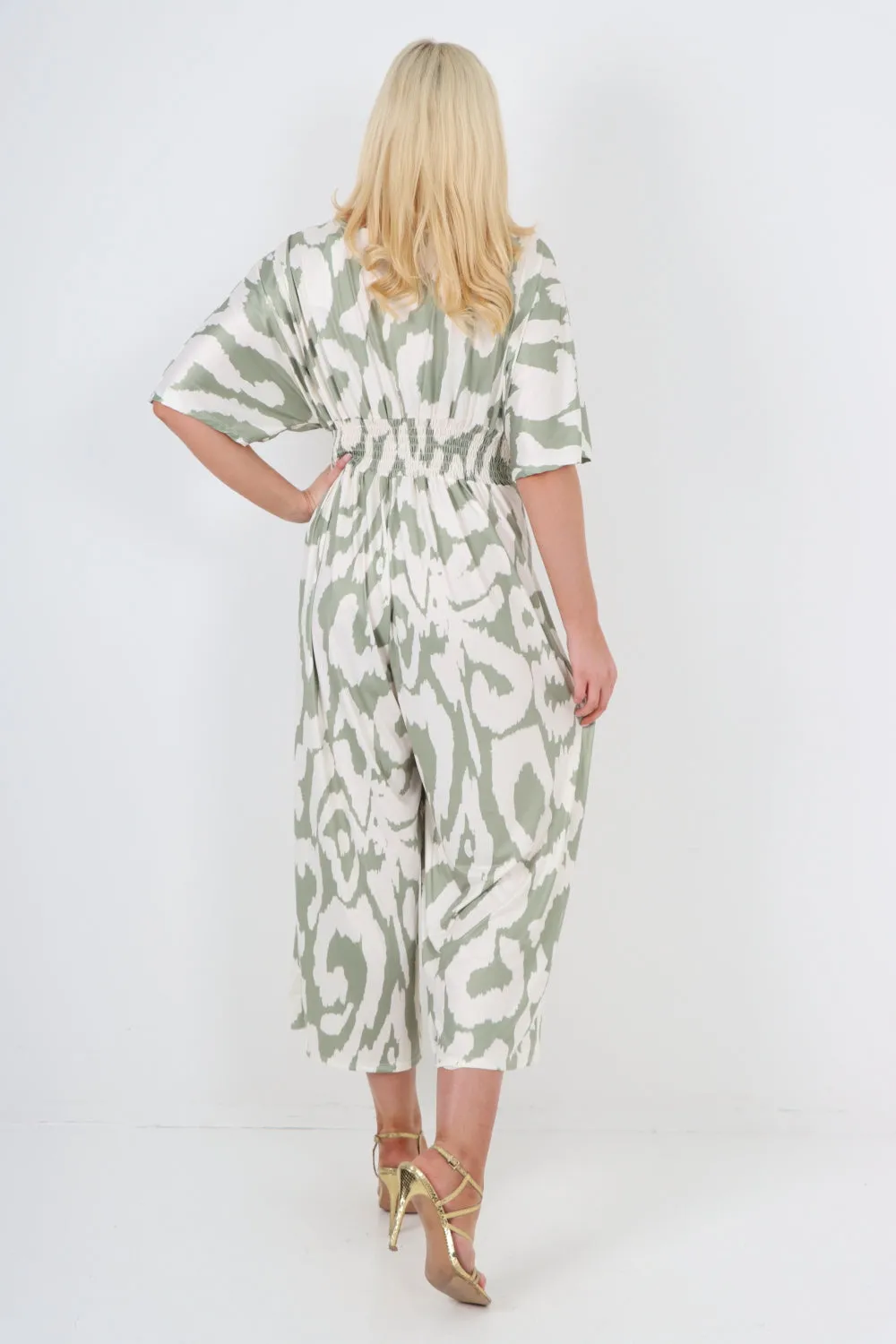 italian shirred elasticated waist animal print short sleeve jumpsuit