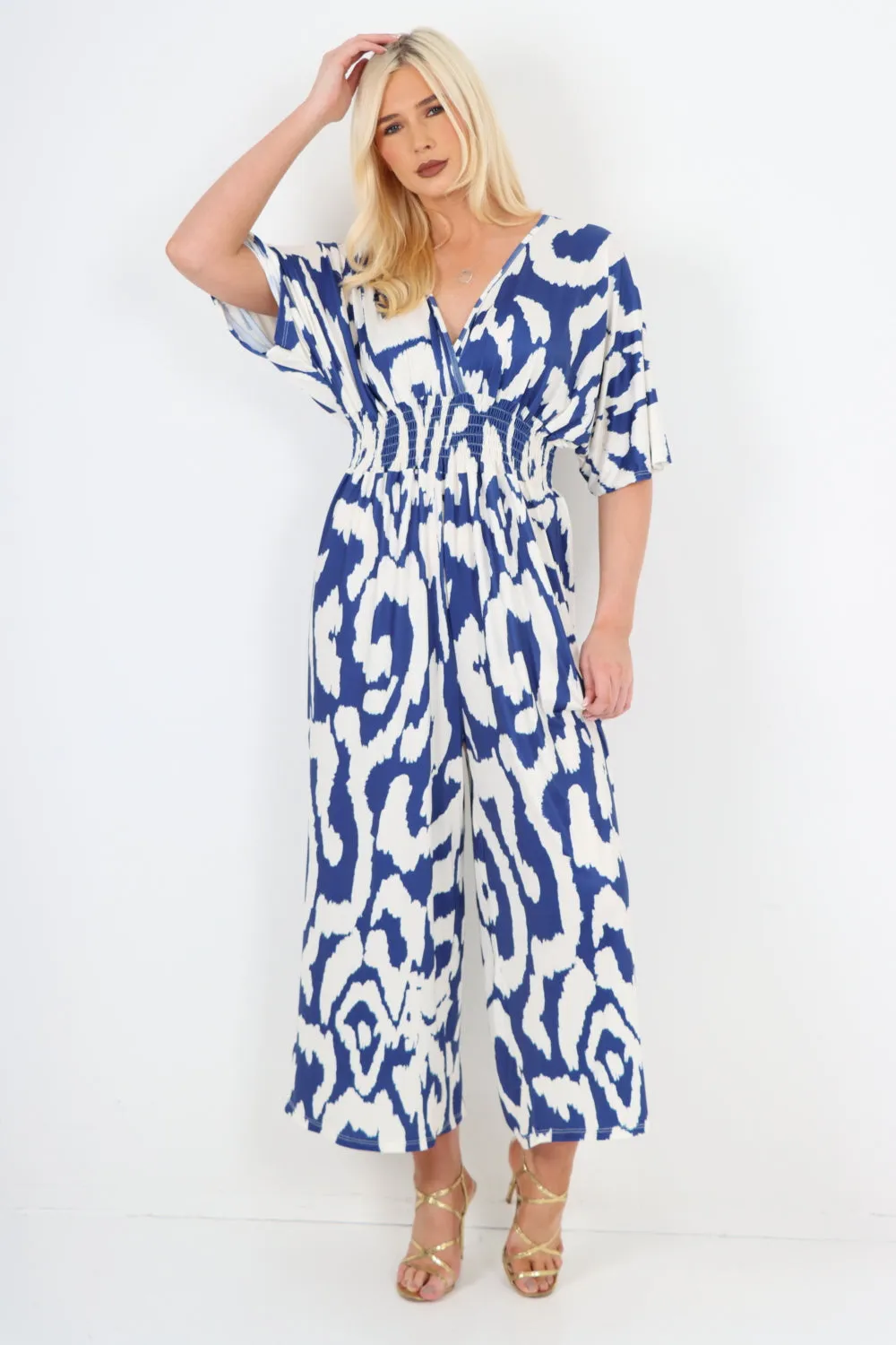 italian shirred elasticated waist animal print short sleeve jumpsuit