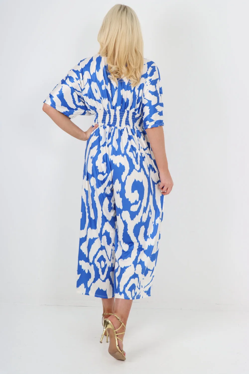 italian shirred elasticated waist animal print short sleeve jumpsuit