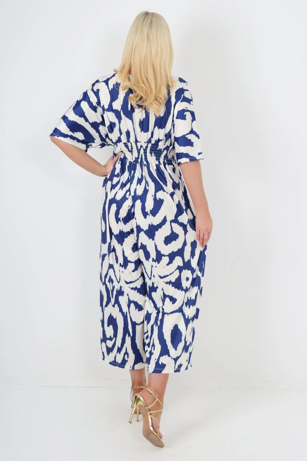 italian shirred elasticated waist animal print short sleeve jumpsuit