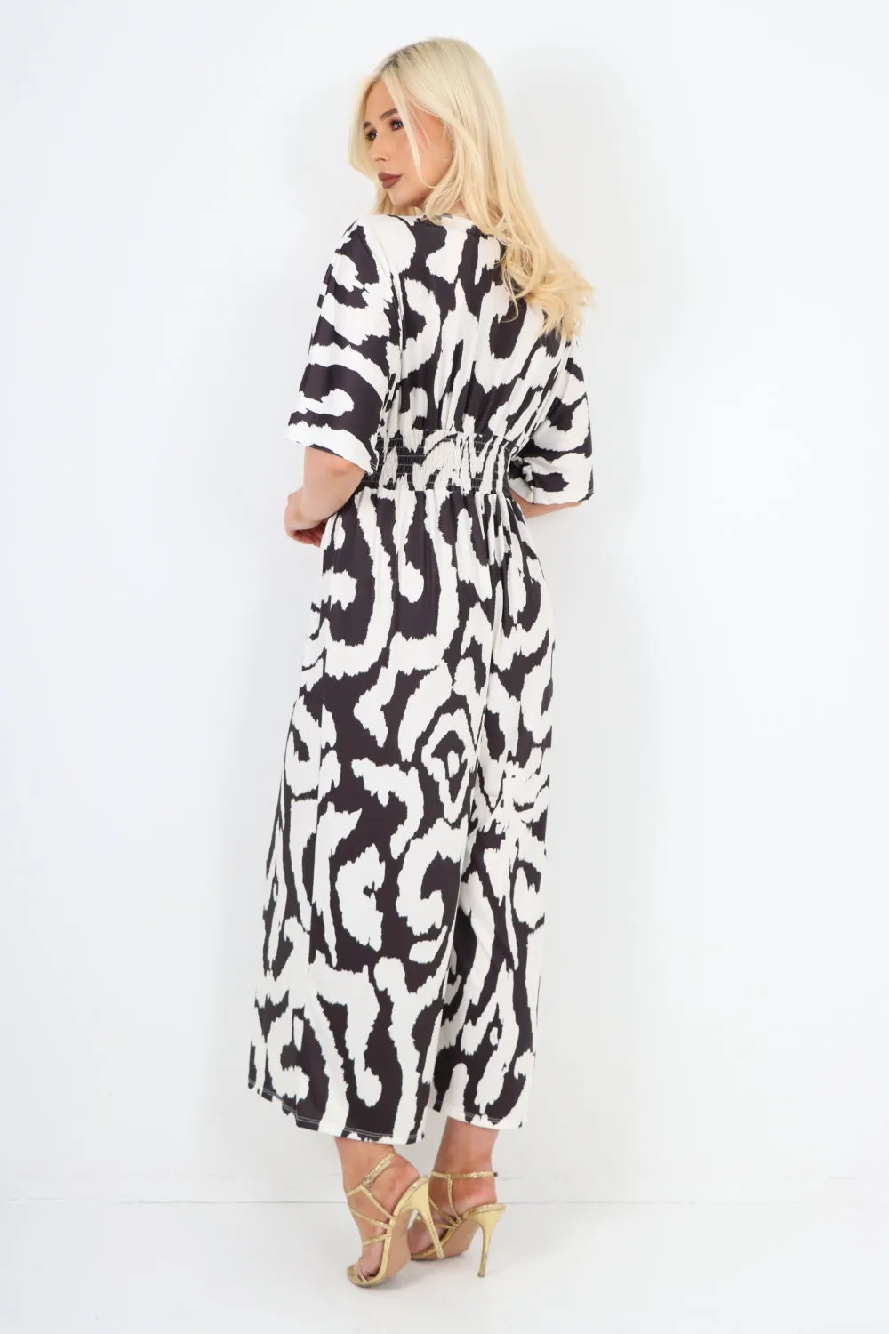 italian shirred elasticated waist animal print short sleeve jumpsuit