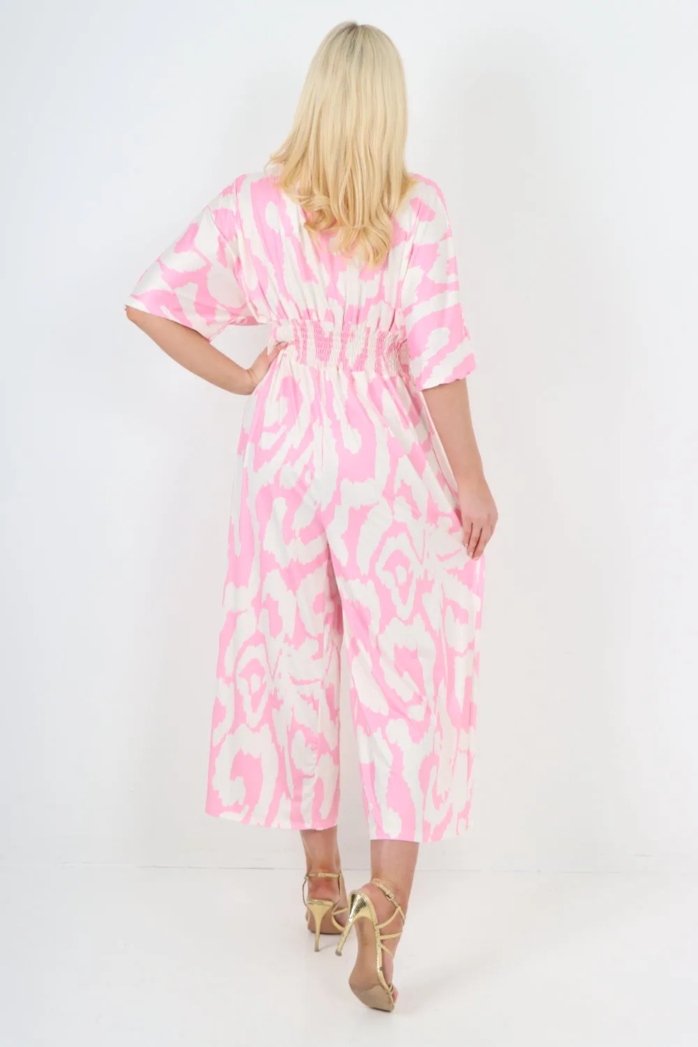 italian shirred elasticated waist animal print short sleeve jumpsuit