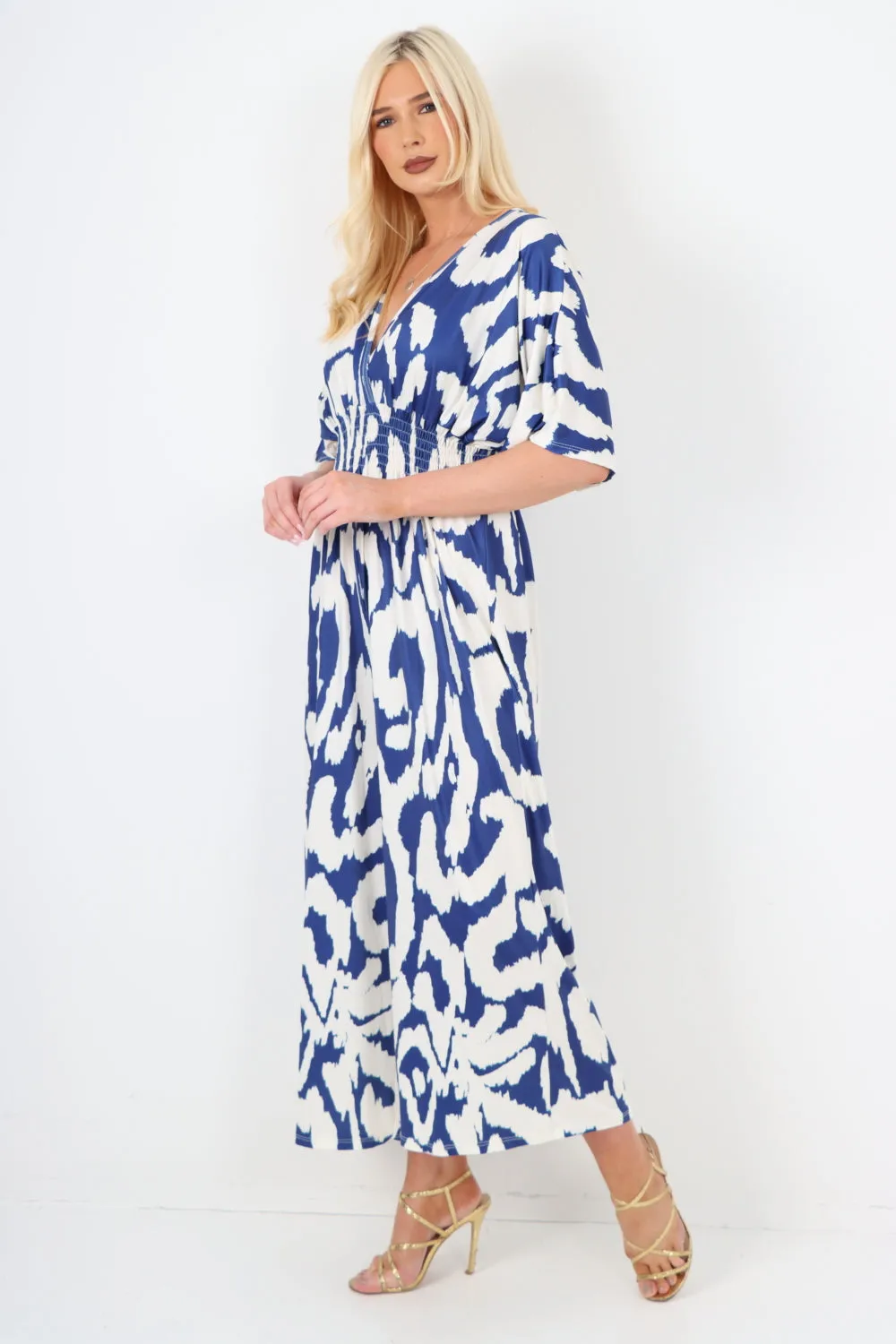 italian shirred elasticated waist animal print short sleeve jumpsuit
