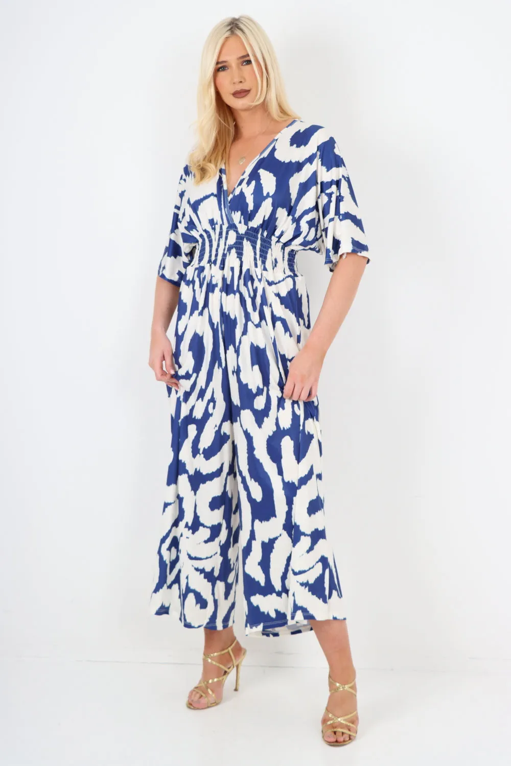 italian shirred elasticated waist animal print short sleeve jumpsuit