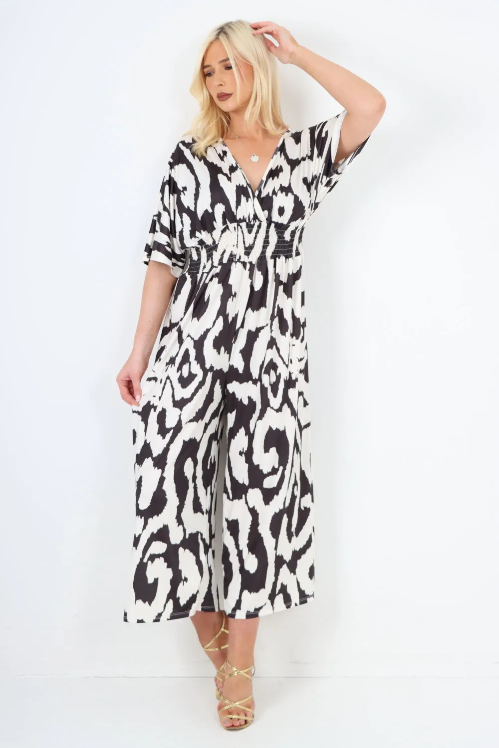 italian shirred elasticated waist animal print short sleeve jumpsuit