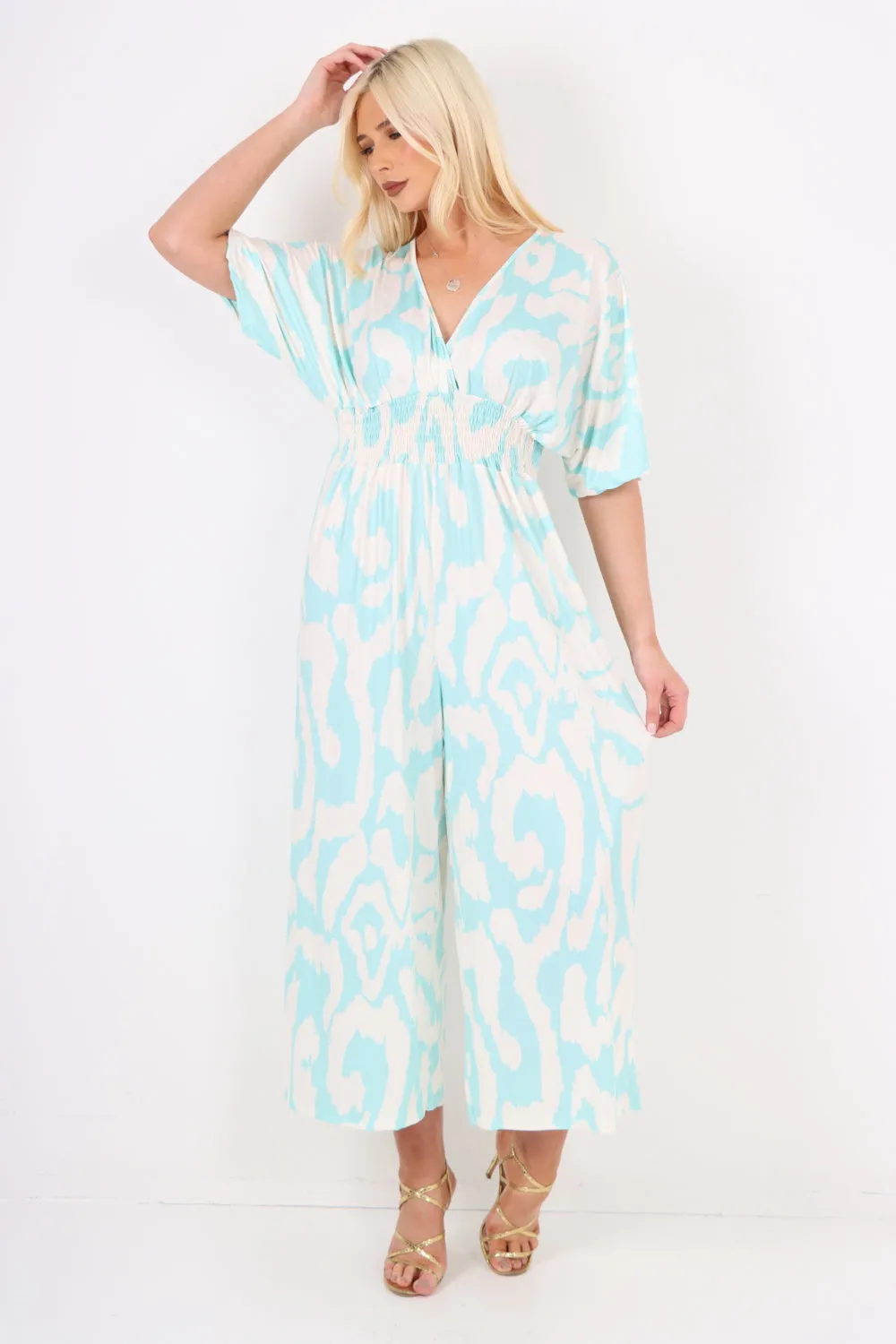 italian shirred elasticated waist animal print short sleeve jumpsuit