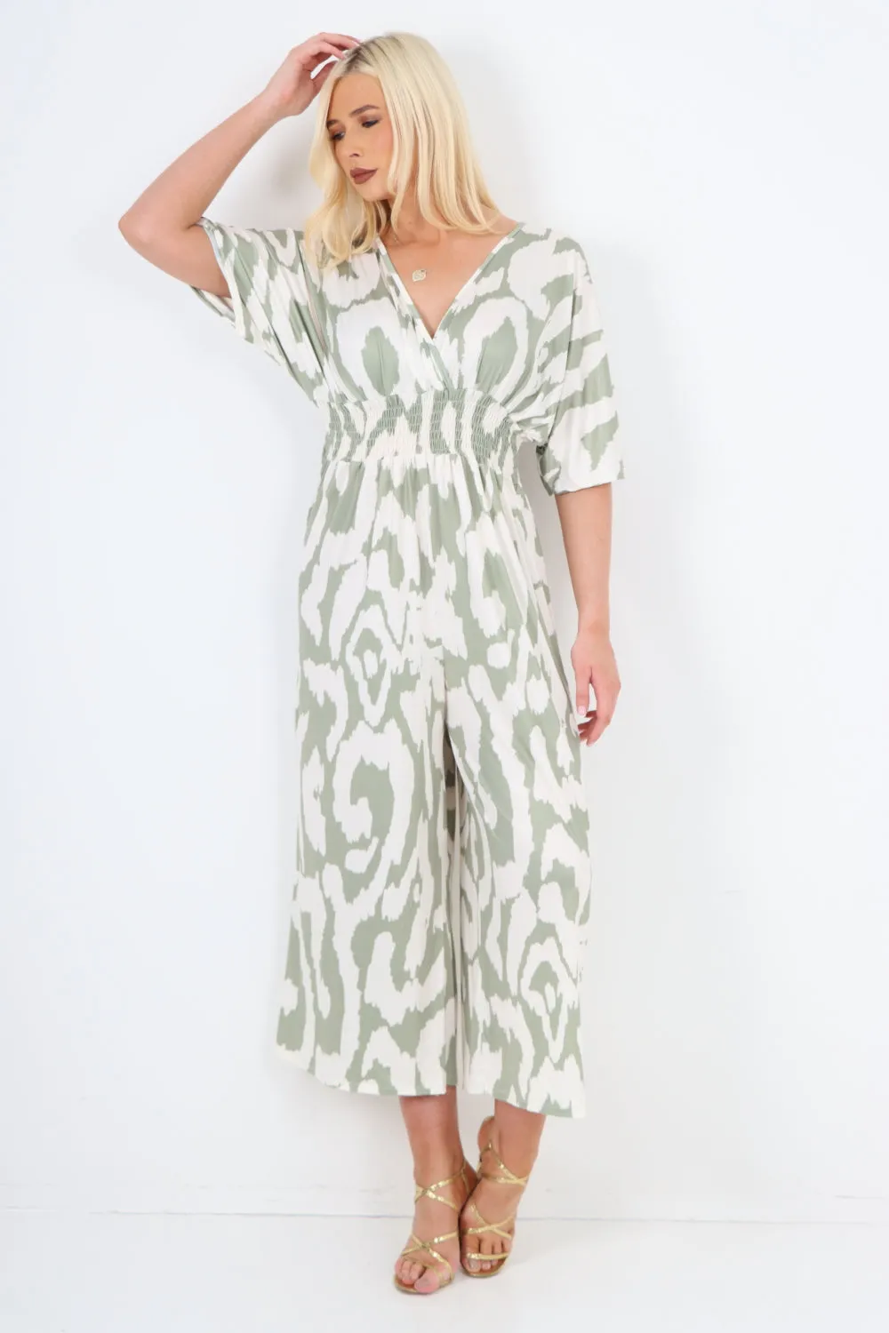 italian shirred elasticated waist animal print short sleeve jumpsuit