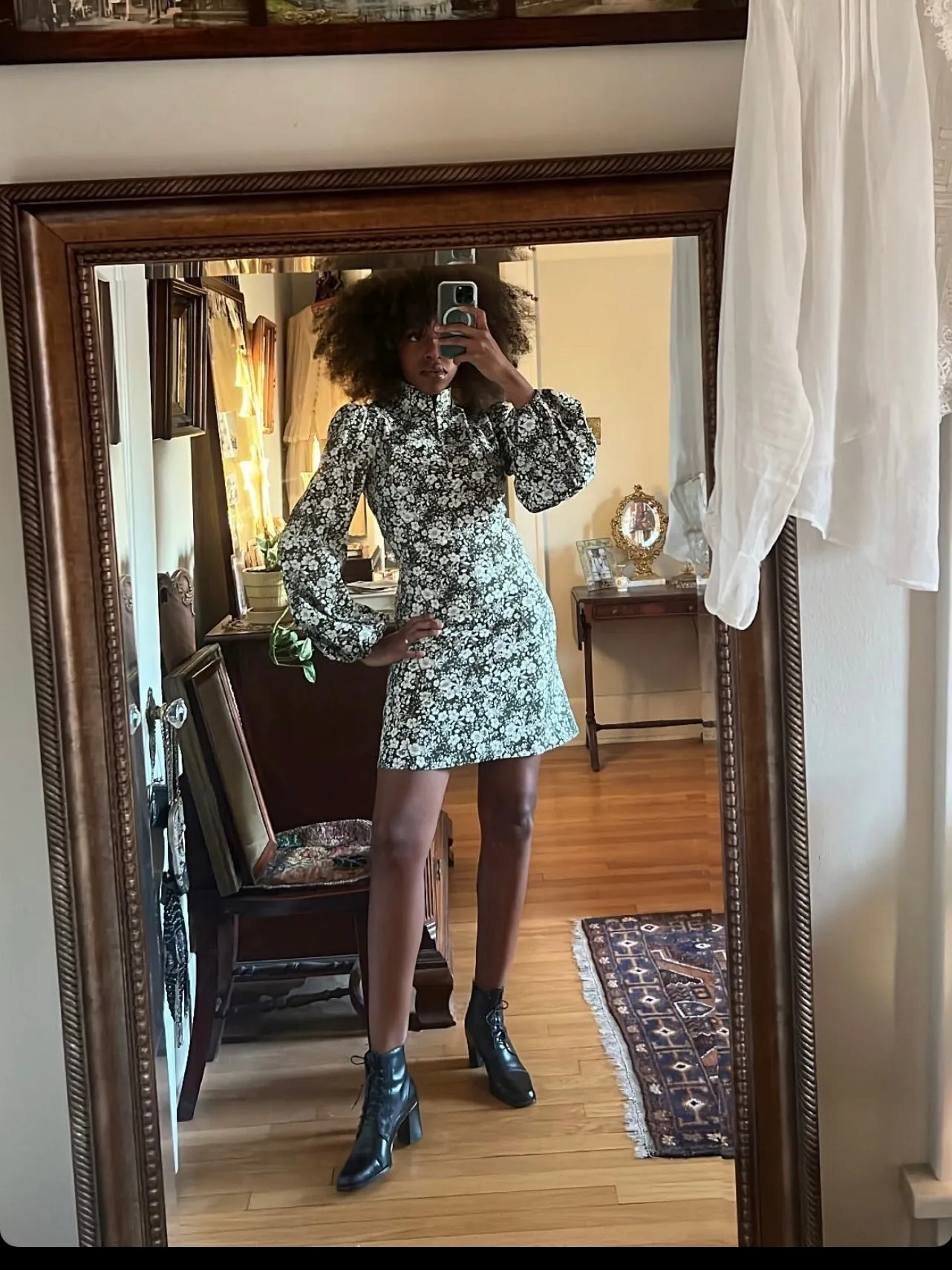 Jane High Neck Empire Mini Dress with Hook and Eye Detail and Blouson Sleeves / Forest Green and Milky White Floral Cotton