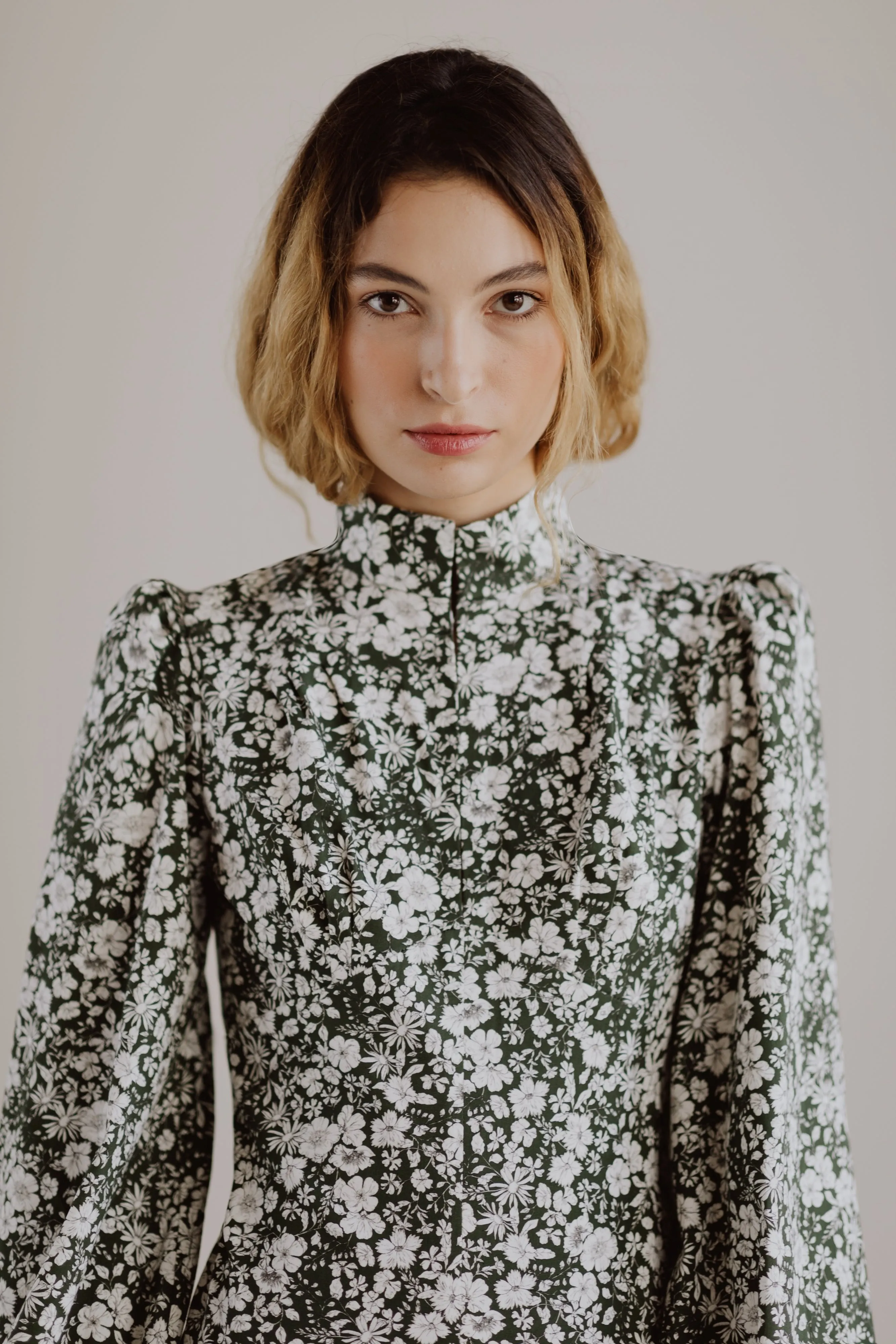 Jane High Neck Empire Mini Dress with Hook and Eye Detail and Blouson Sleeves / Forest Green and Milky White Floral Cotton