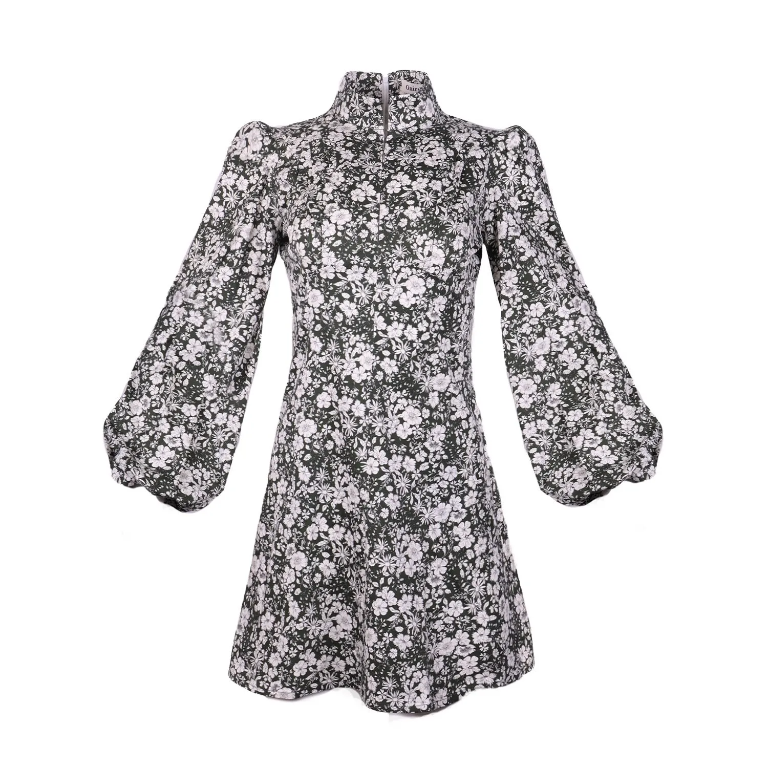 Jane High Neck Empire Mini Dress with Hook and Eye Detail and Blouson Sleeves / Forest Green and Milky White Floral Cotton