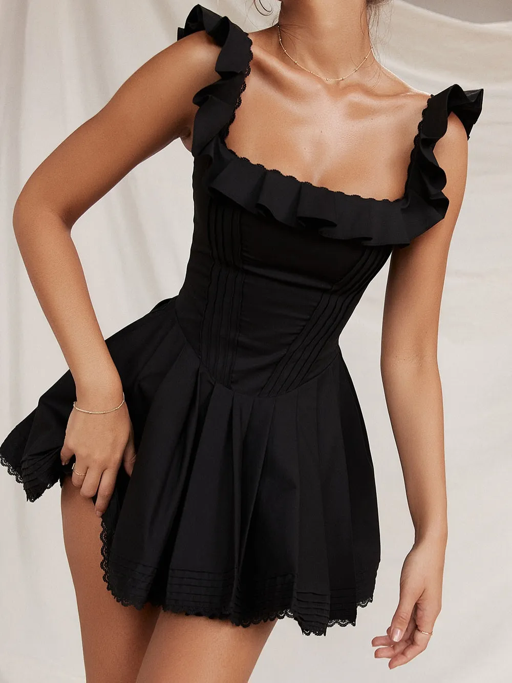 JazzHer Jemima Black Pin Tuck Pleated Dress