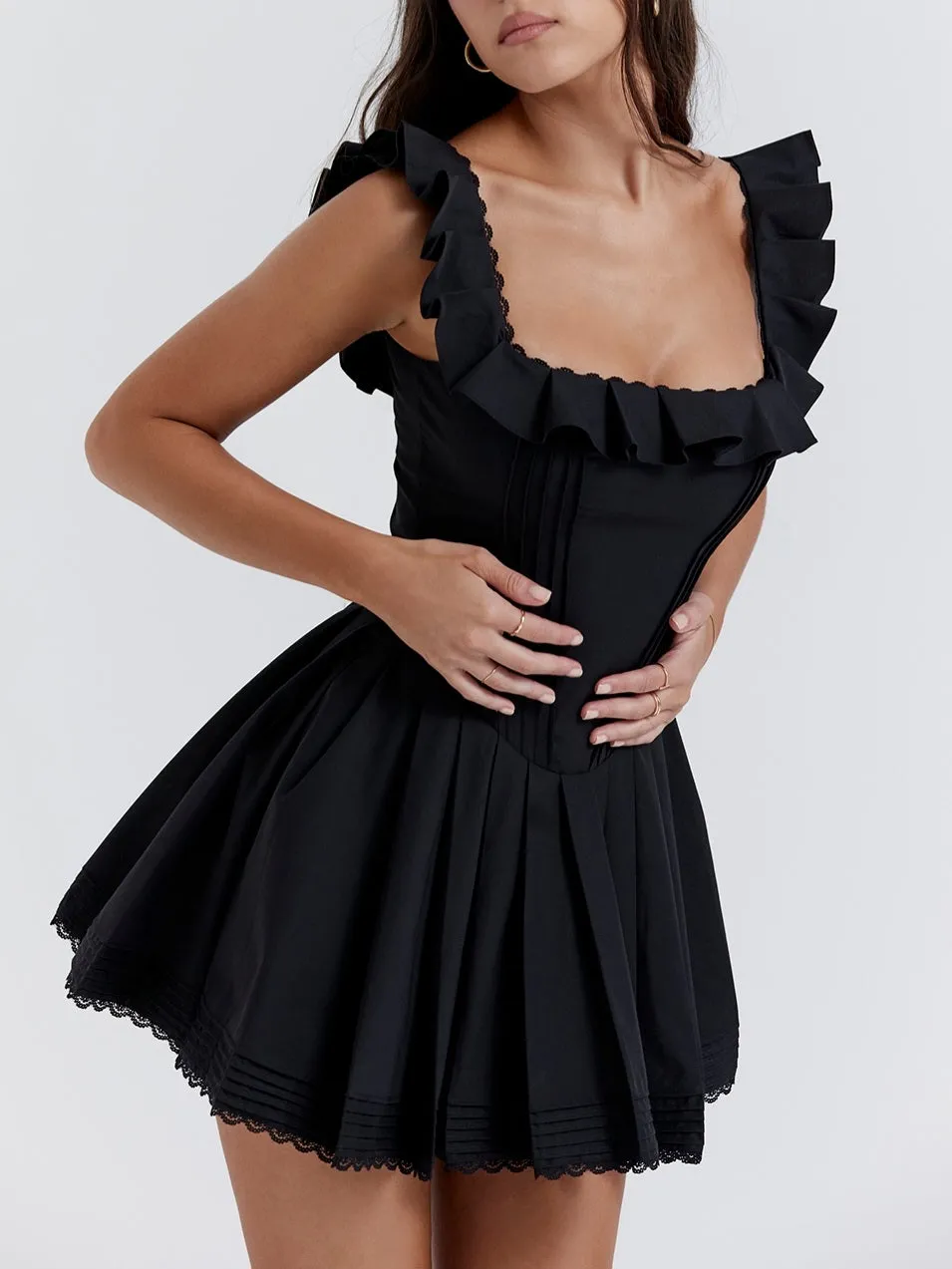 JazzHer Jemima Black Pin Tuck Pleated Dress