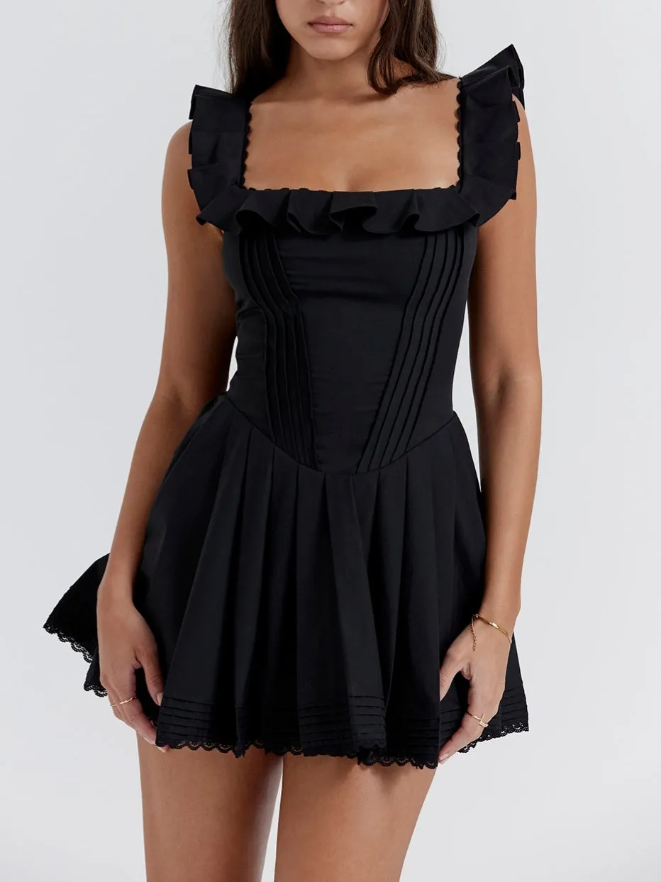 JazzHer Jemima Black Pin Tuck Pleated Dress