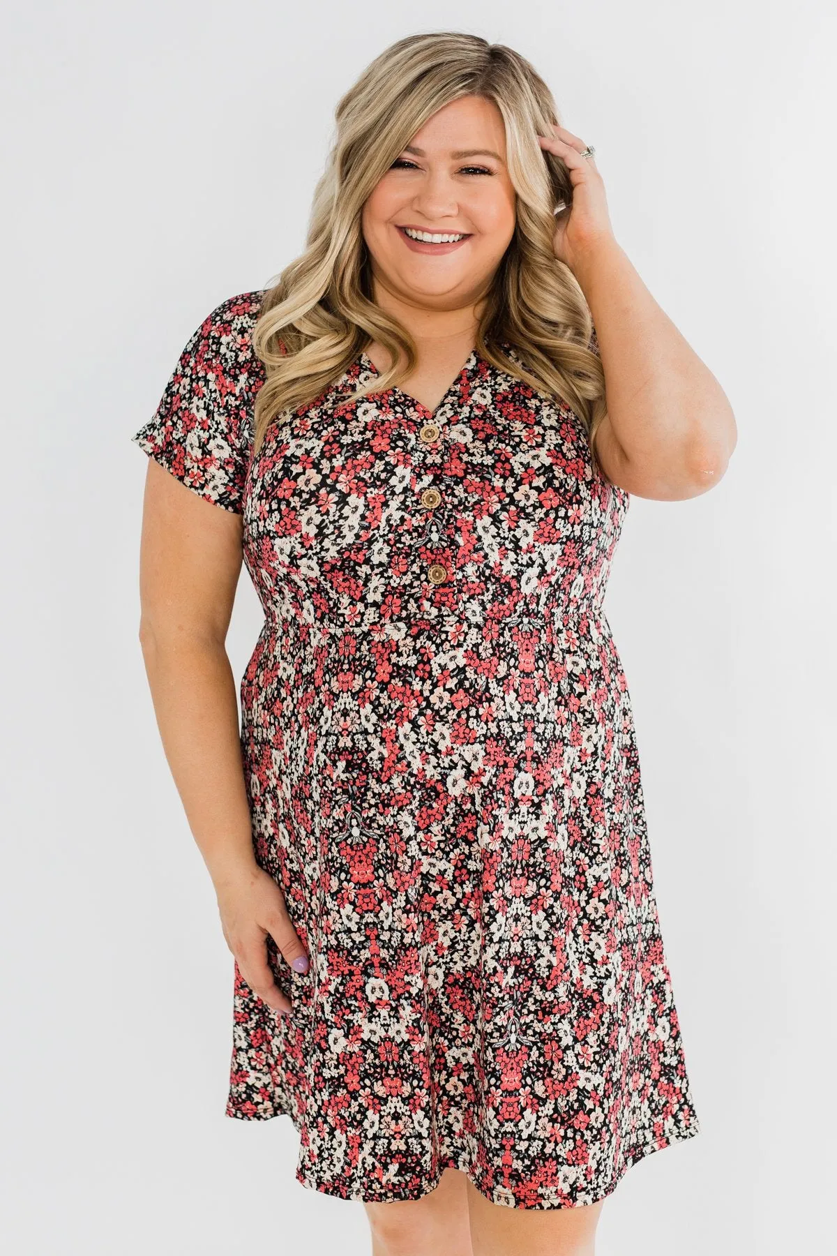 Just Say Yes Floral Button Dress- Black & Pink