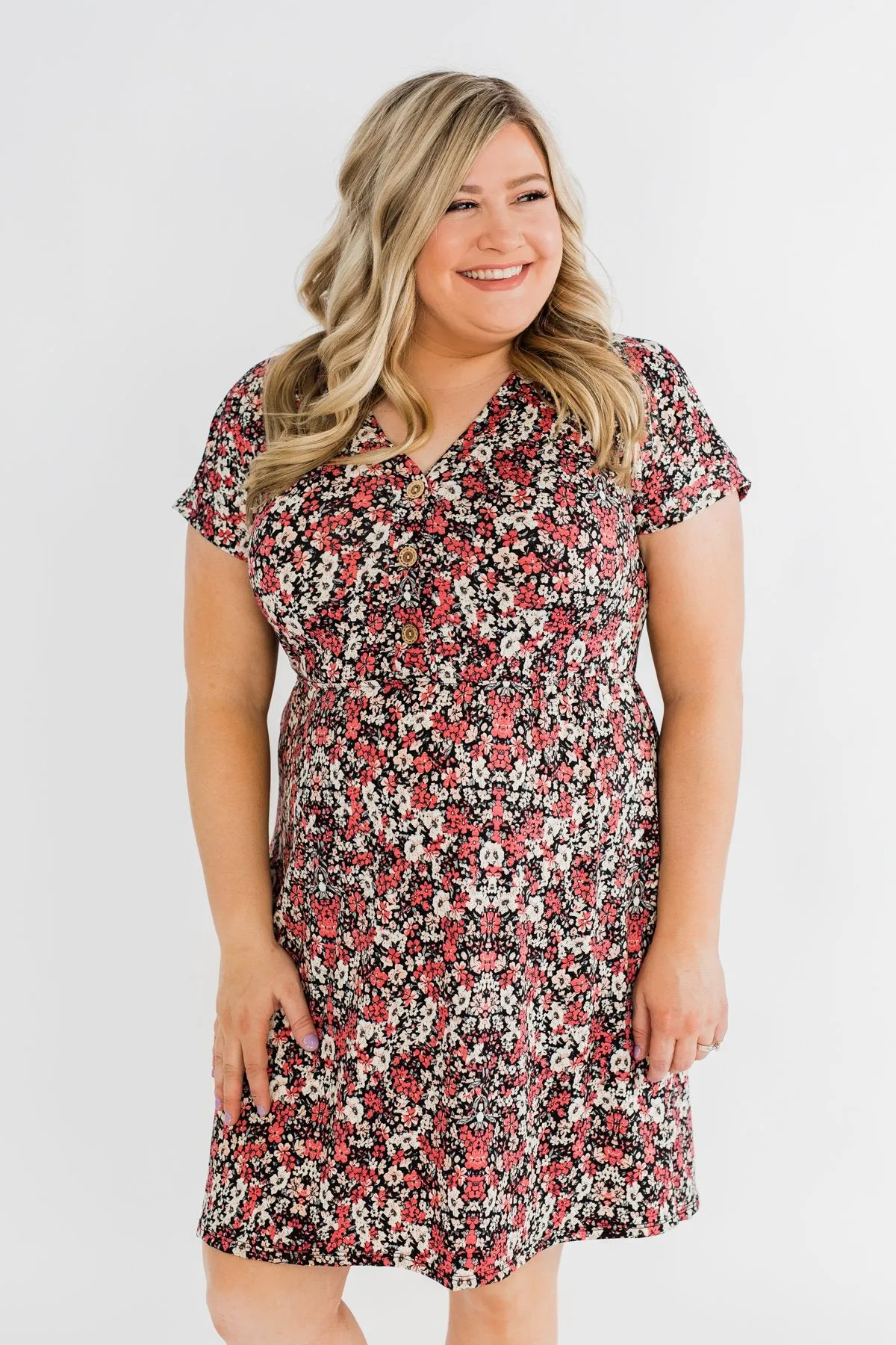 Just Say Yes Floral Button Dress- Black & Pink