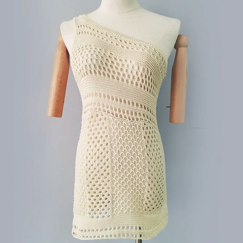 Knitted Beach Dress Solid Color Sexy Sleeveless Sheath Knitted Dress Women Vacation Beach Cover Up
