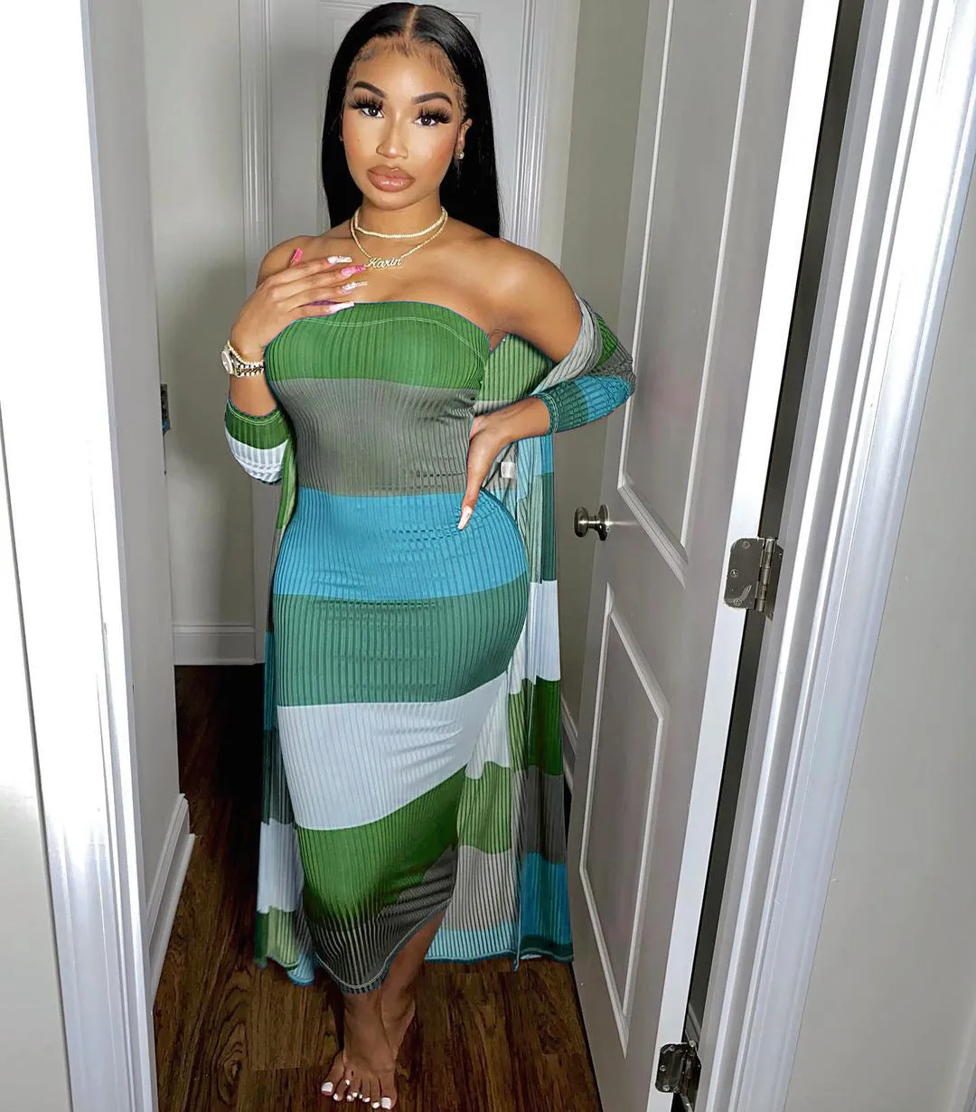 Knitted Long-sleeved Cover Up Strapless Dress Two Piece Set