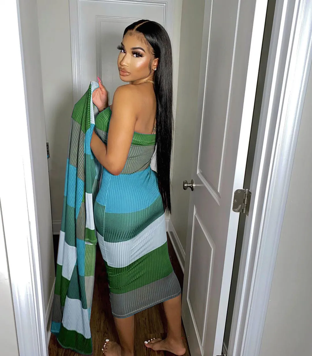 Knitted Long-sleeved Cover Up Strapless Dress Two Piece Set