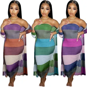 Knitted Long-sleeved Cover Up Strapless Dress Two Piece Set