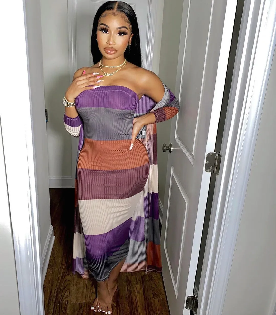 Knitted Long-sleeved Cover Up Strapless Dress Two Piece Set