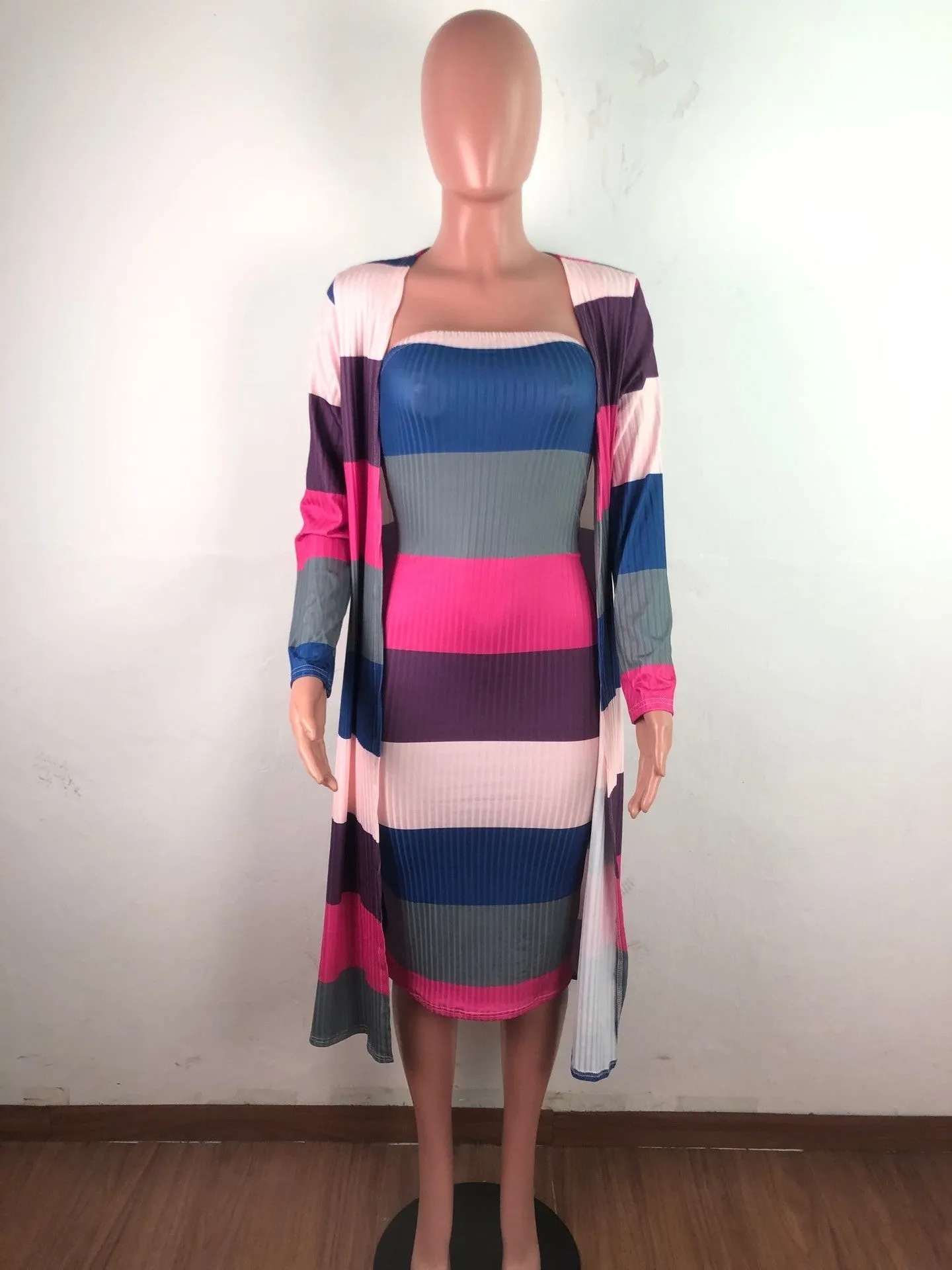 Knitted Long-sleeved Cover Up Strapless Dress Two Piece Set