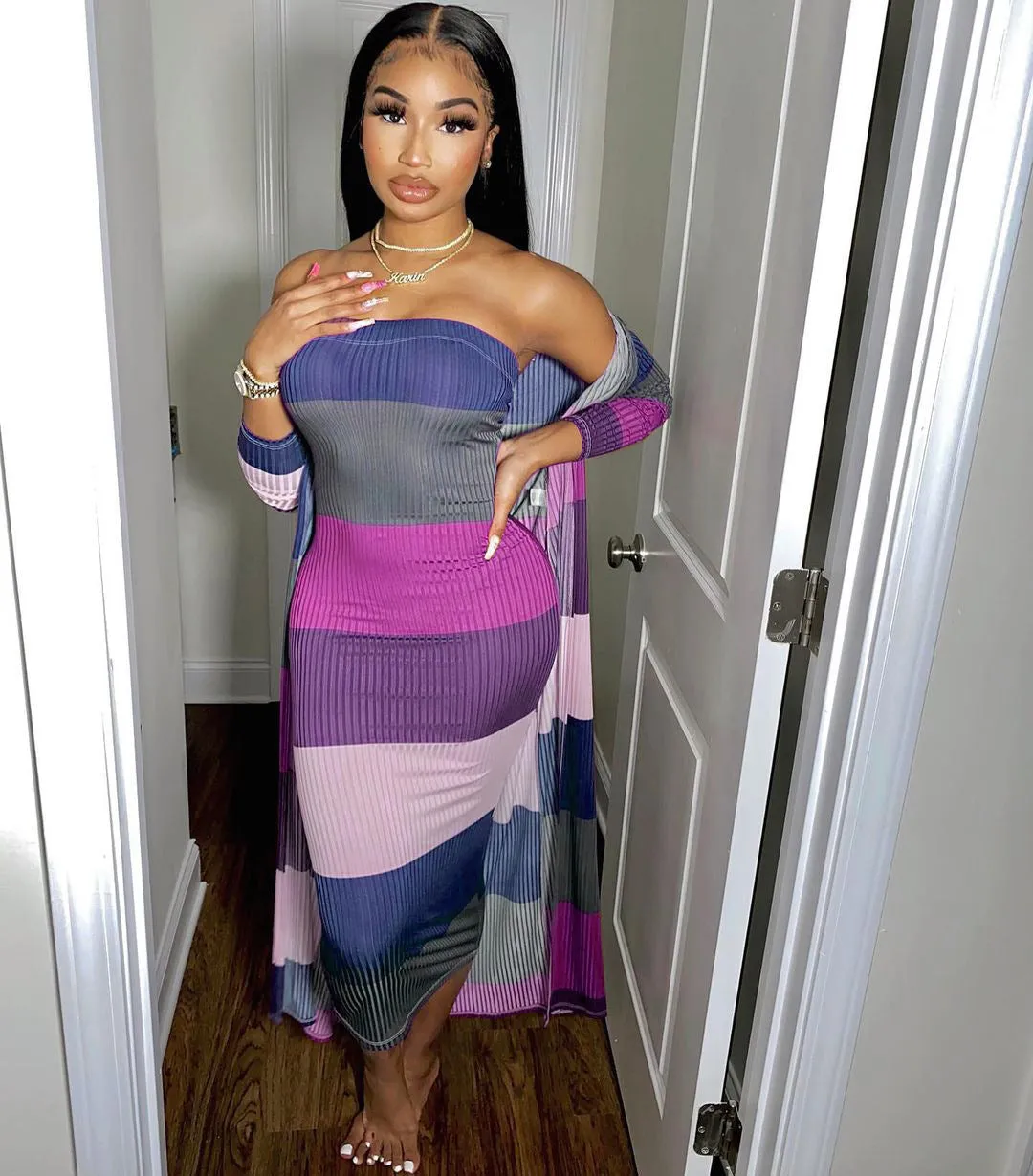 Knitted Long-sleeved Cover Up Strapless Dress Two Piece Set