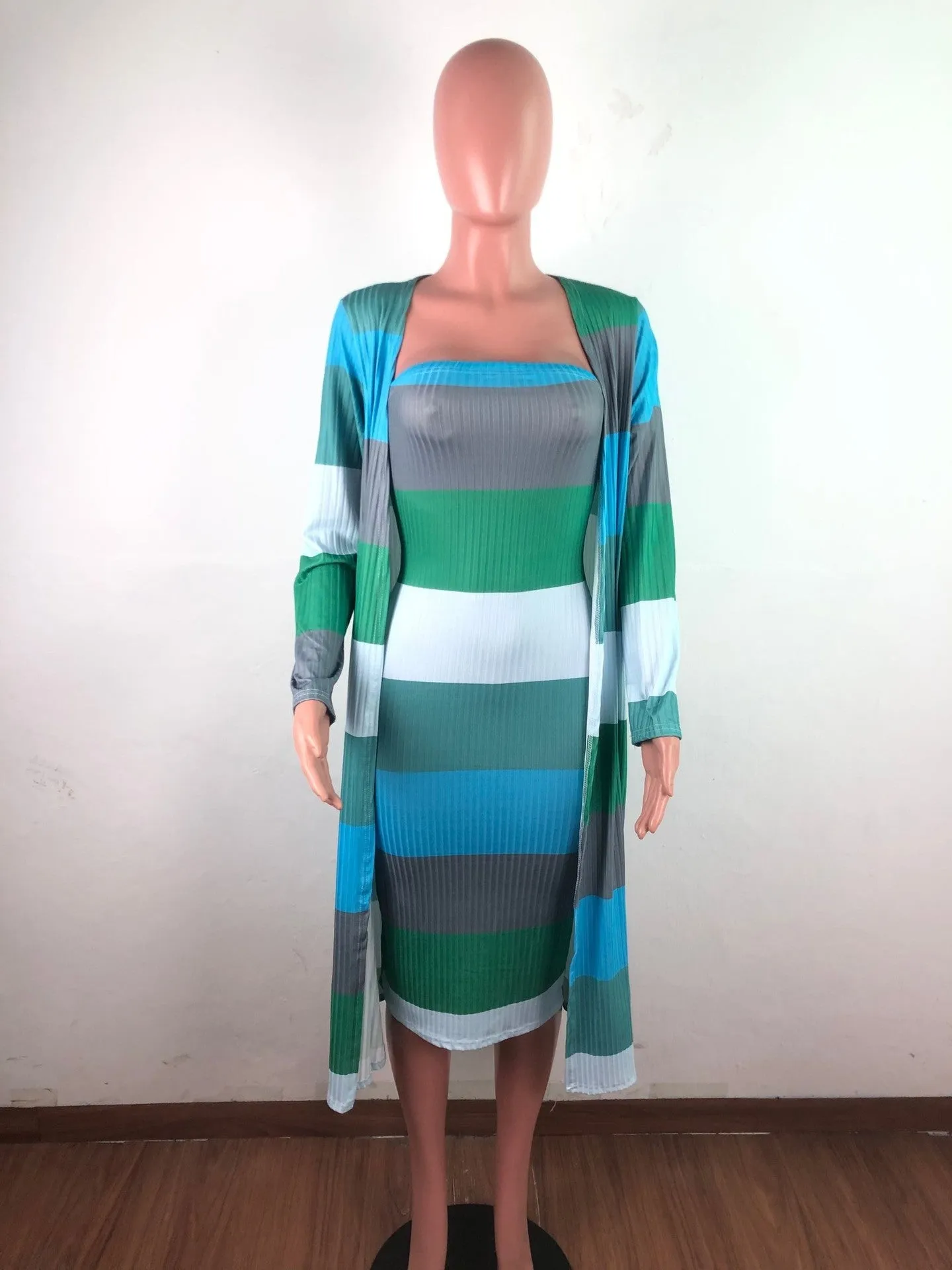 Knitted Long-sleeved Cover Up Strapless Dress Two Piece Set