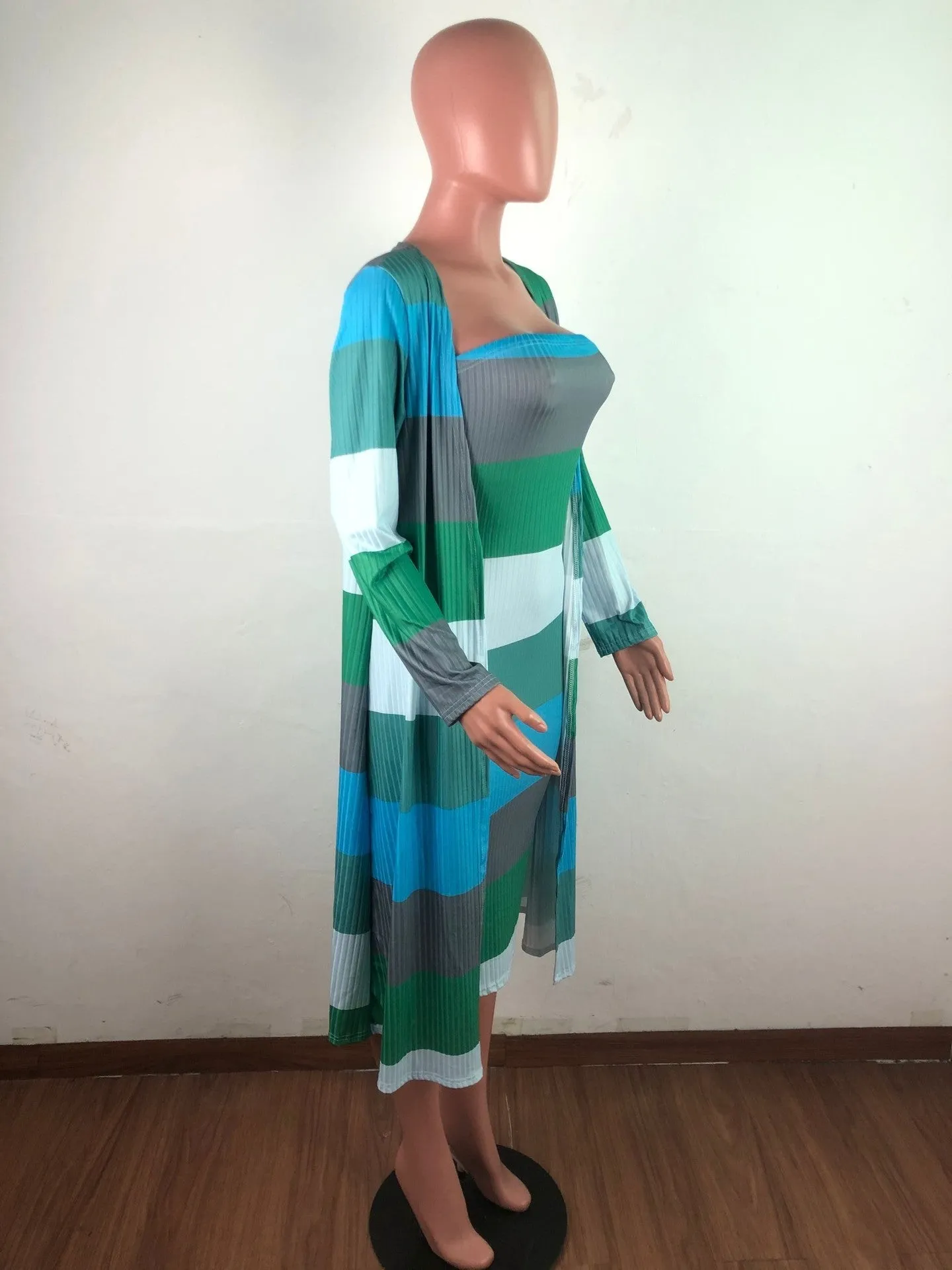 Knitted Long-sleeved Cover Up Strapless Dress Two Piece Set