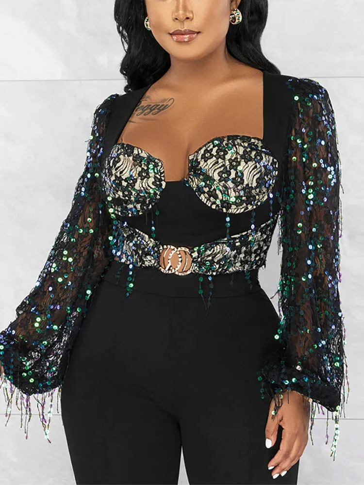 Lace Iridescent Sequins Fringe Jumpsuit