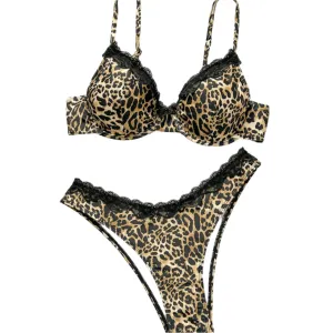 Lace Trim Leopard Print Push Up Bikini Set