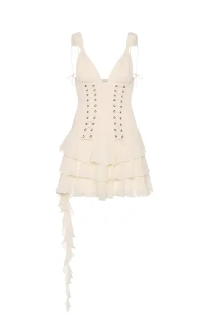 Lace-Up Ruffled Tiered Mini Dress in Ivory