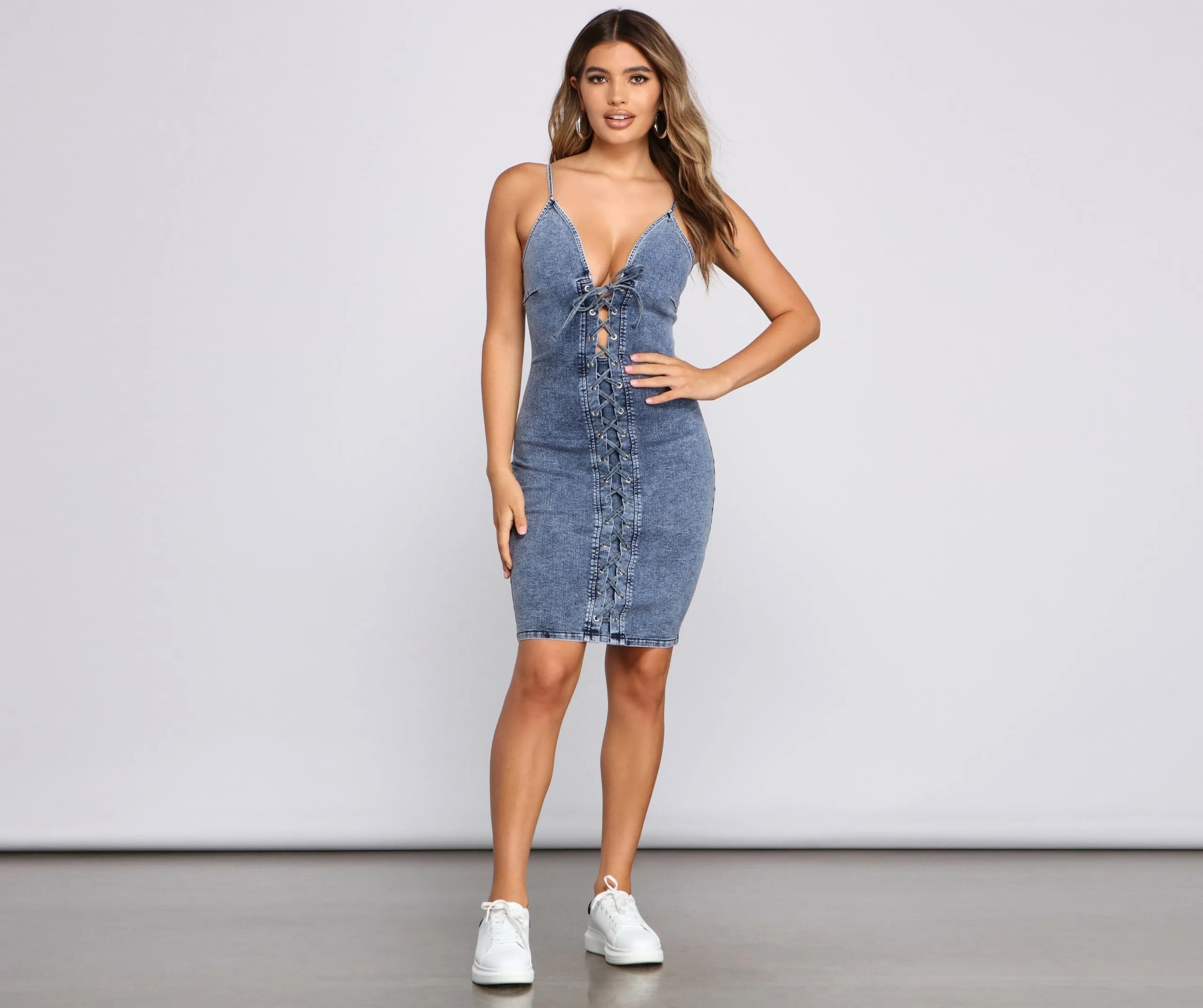 Laced Up Stylish In Denim Dress