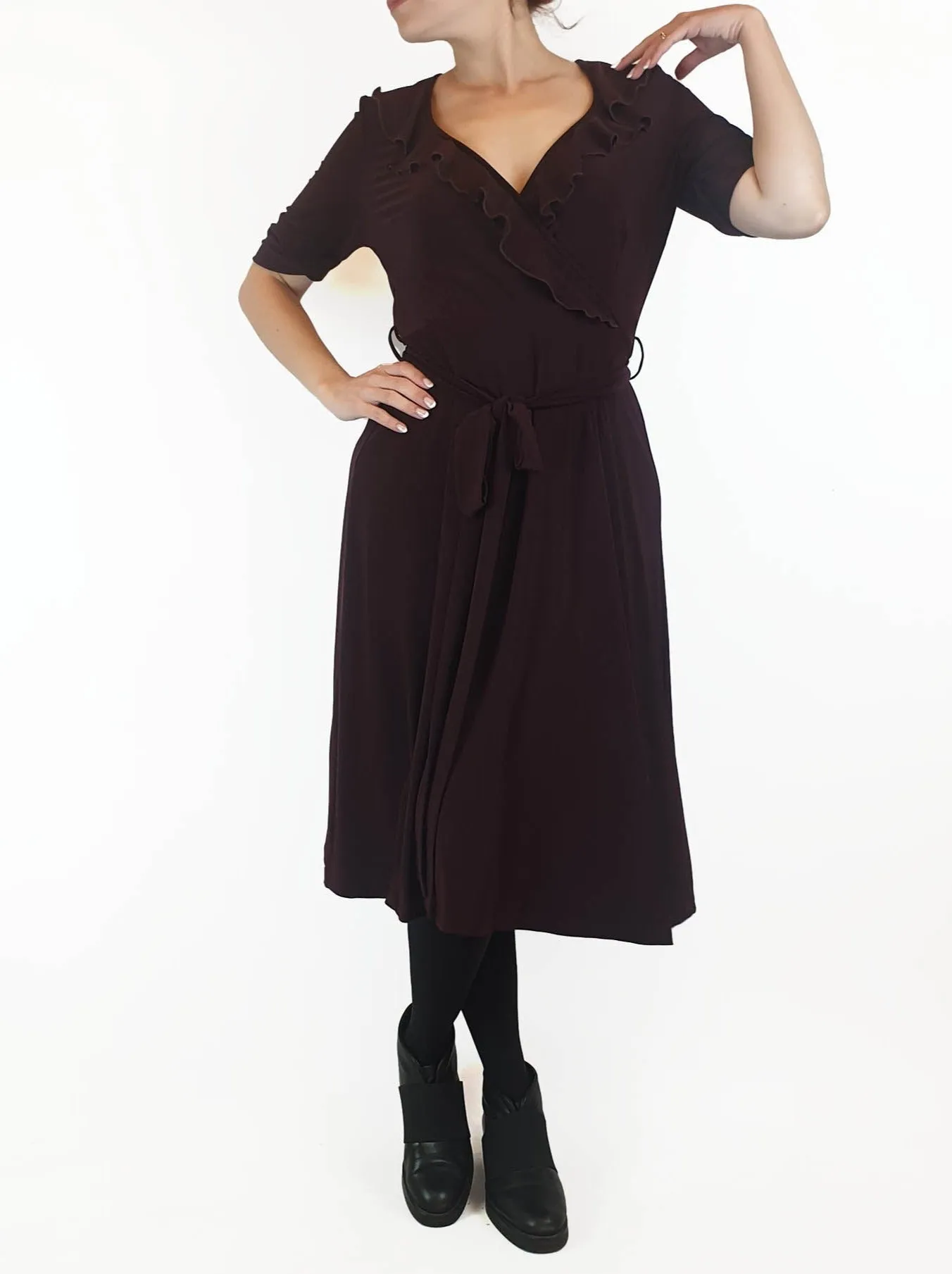 Leona Edminston deep purple faux wrap style dress size 1