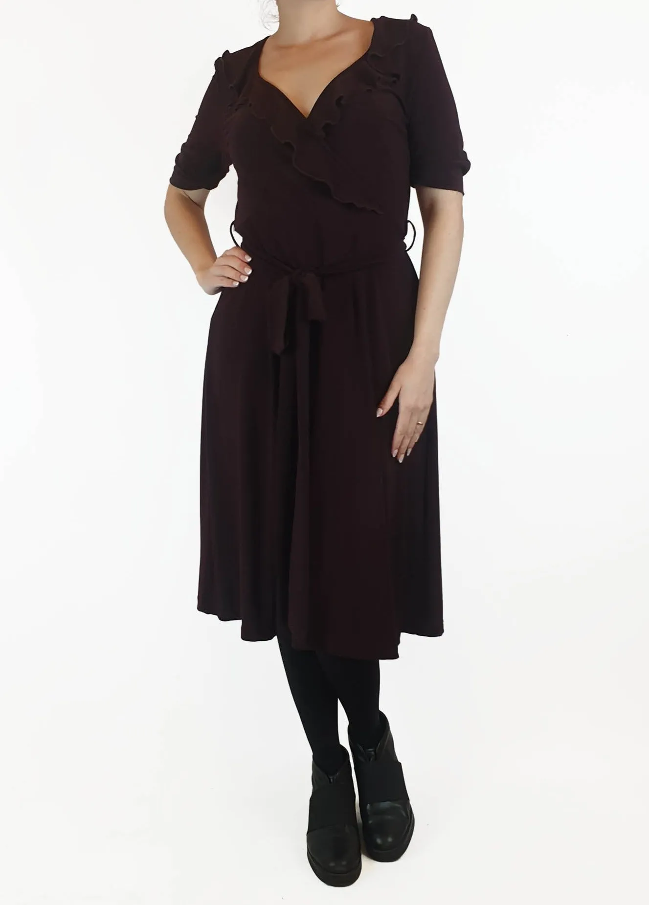 Leona Edminston deep purple faux wrap style dress size 1