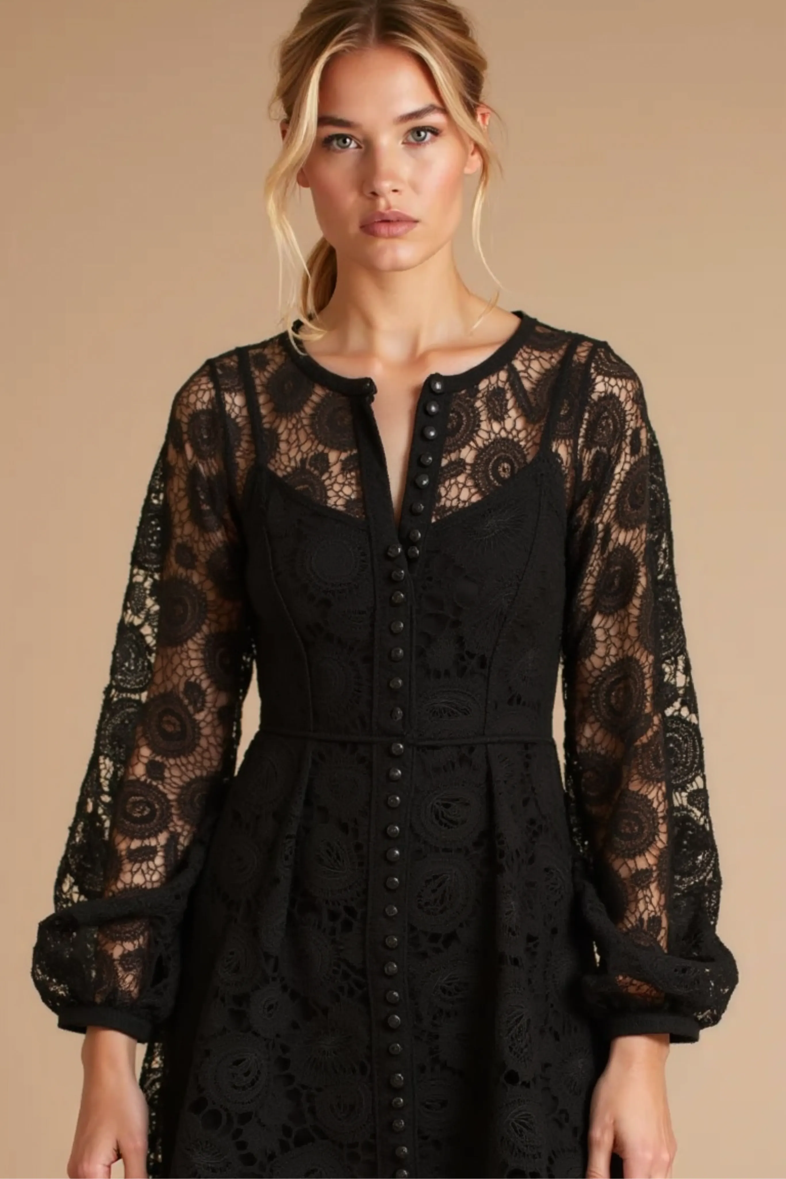 Liane Long Sleeve Mini Lace Dress (Black)