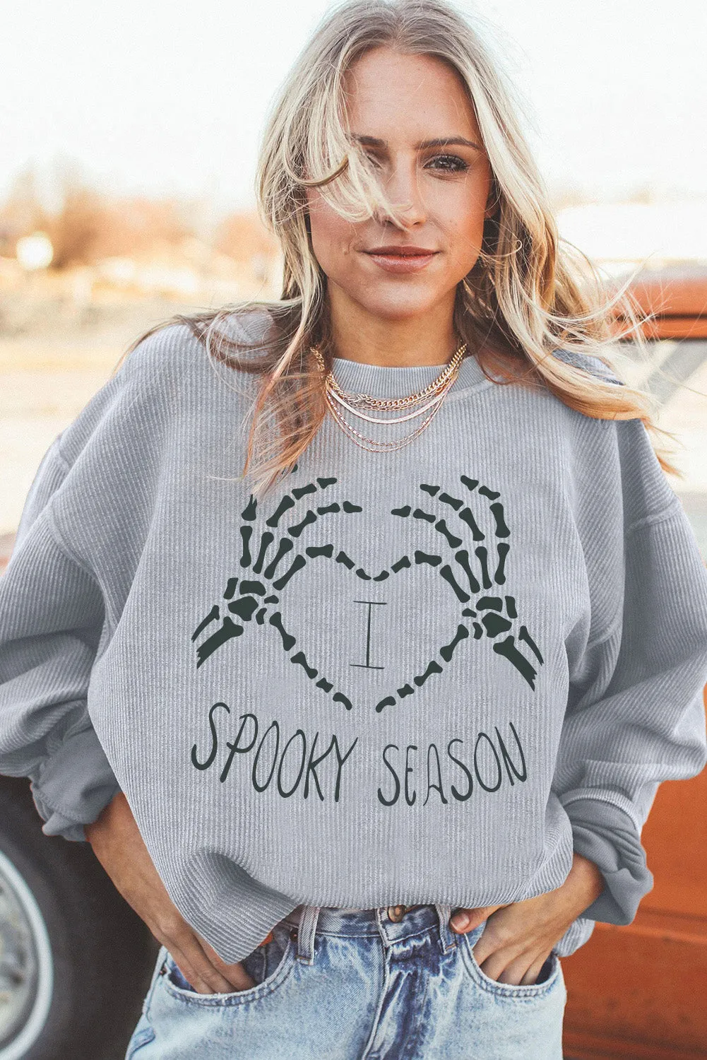 Light Grey SPOOKY SEASON Graphic Corded Oversized Sweatshirt