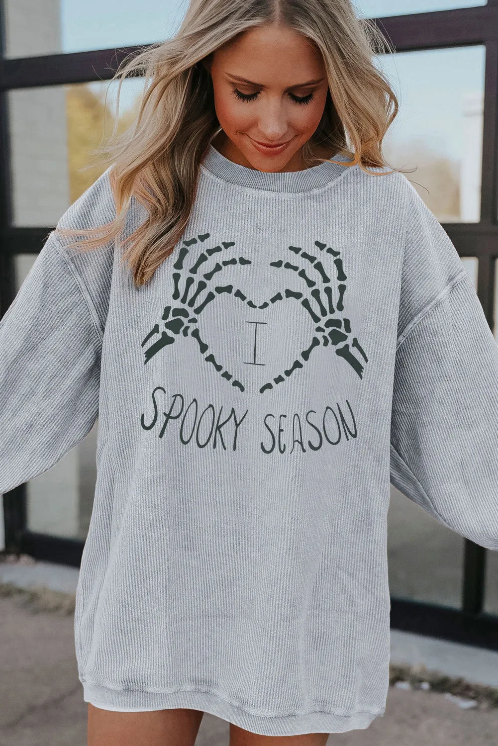 Light Grey SPOOKY SEASON Graphic Corded Oversized Sweatshirt