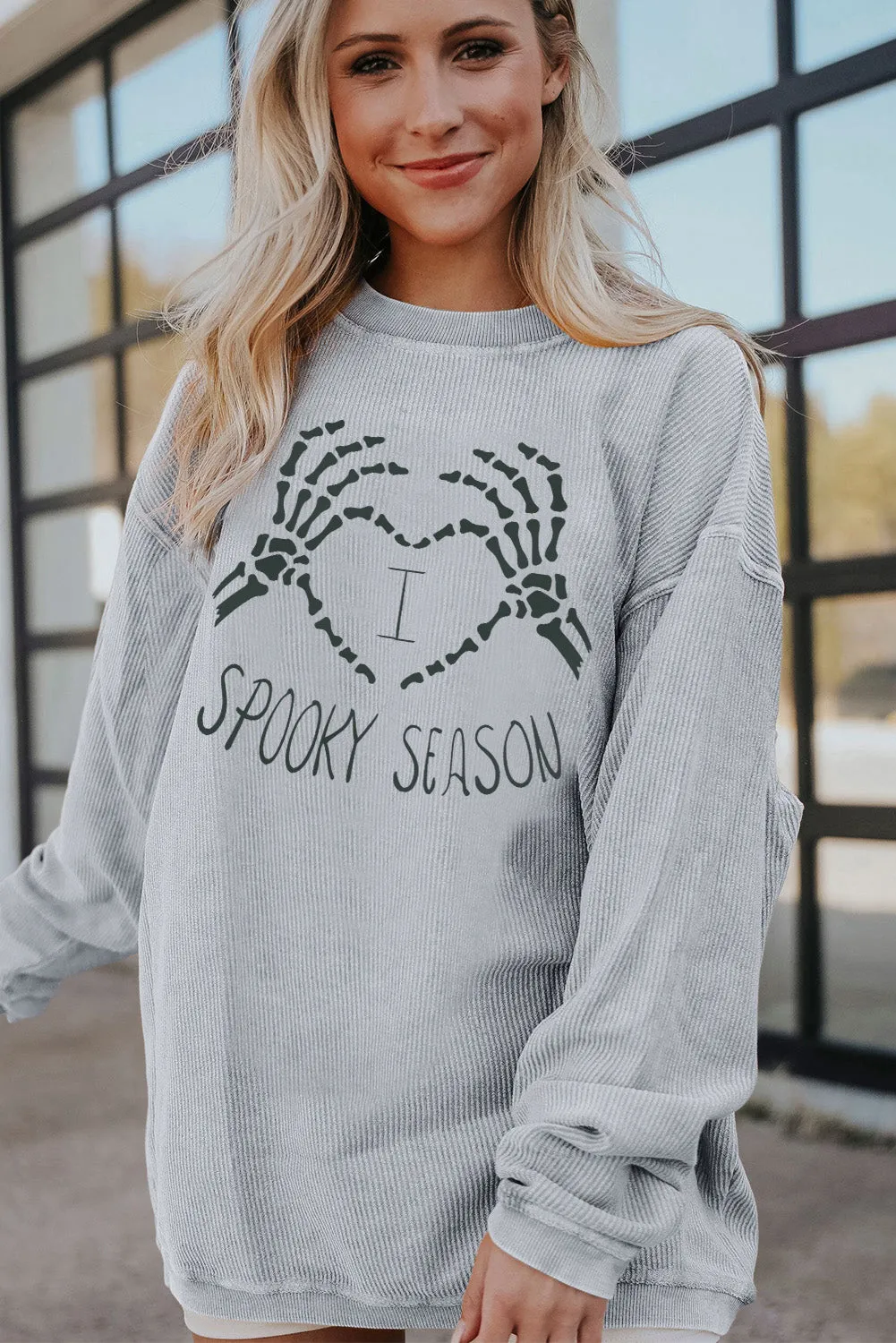 Light Grey SPOOKY SEASON Graphic Corded Oversized Sweatshirt