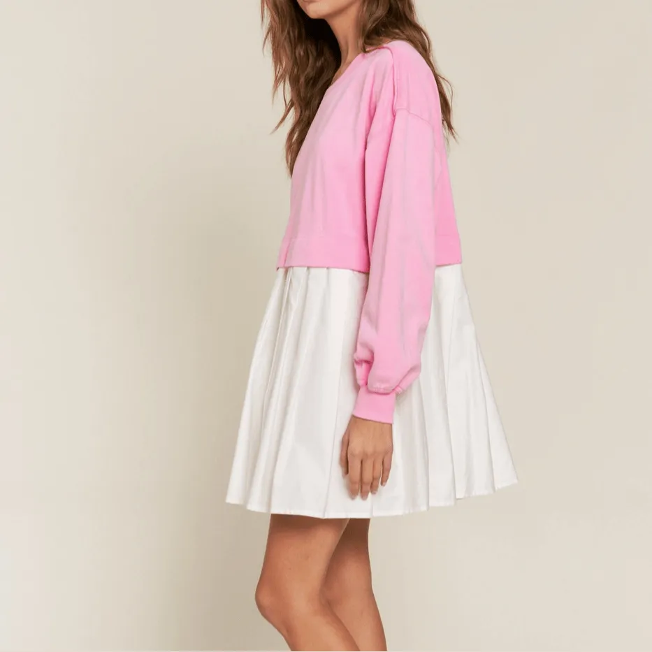Lillie Pink Colorblock Terry Pleated Mini Dress