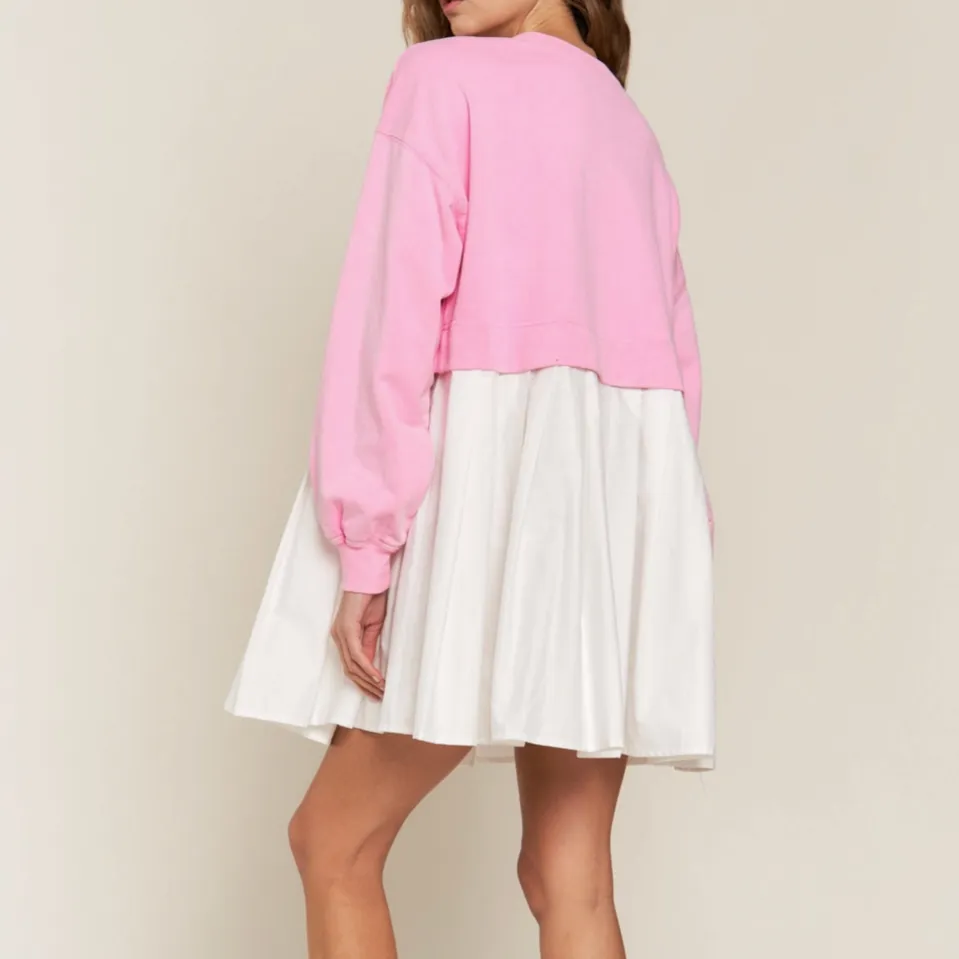 Lillie Pink Colorblock Terry Pleated Mini Dress